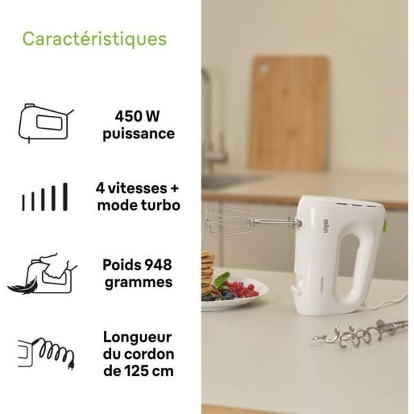 Braun - Batteur Fouet Electrique  éléctrique - BRAUN - HM1100WH MultiMix 1 - 450 W - 4 vitesses + turbo - Blanc - Image 3