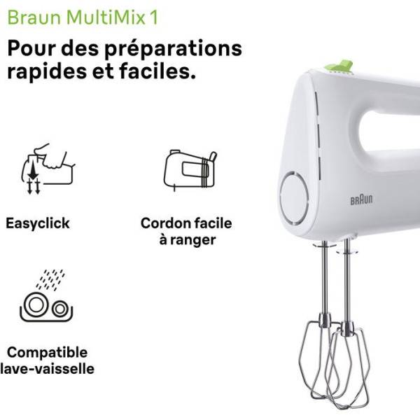 Braun - Batteur Fouet Electrique  éléctrique - BRAUN - HM1100WH MultiMix 1 - 450 W - 4 vitesses + turbo - Blanc - Image 2