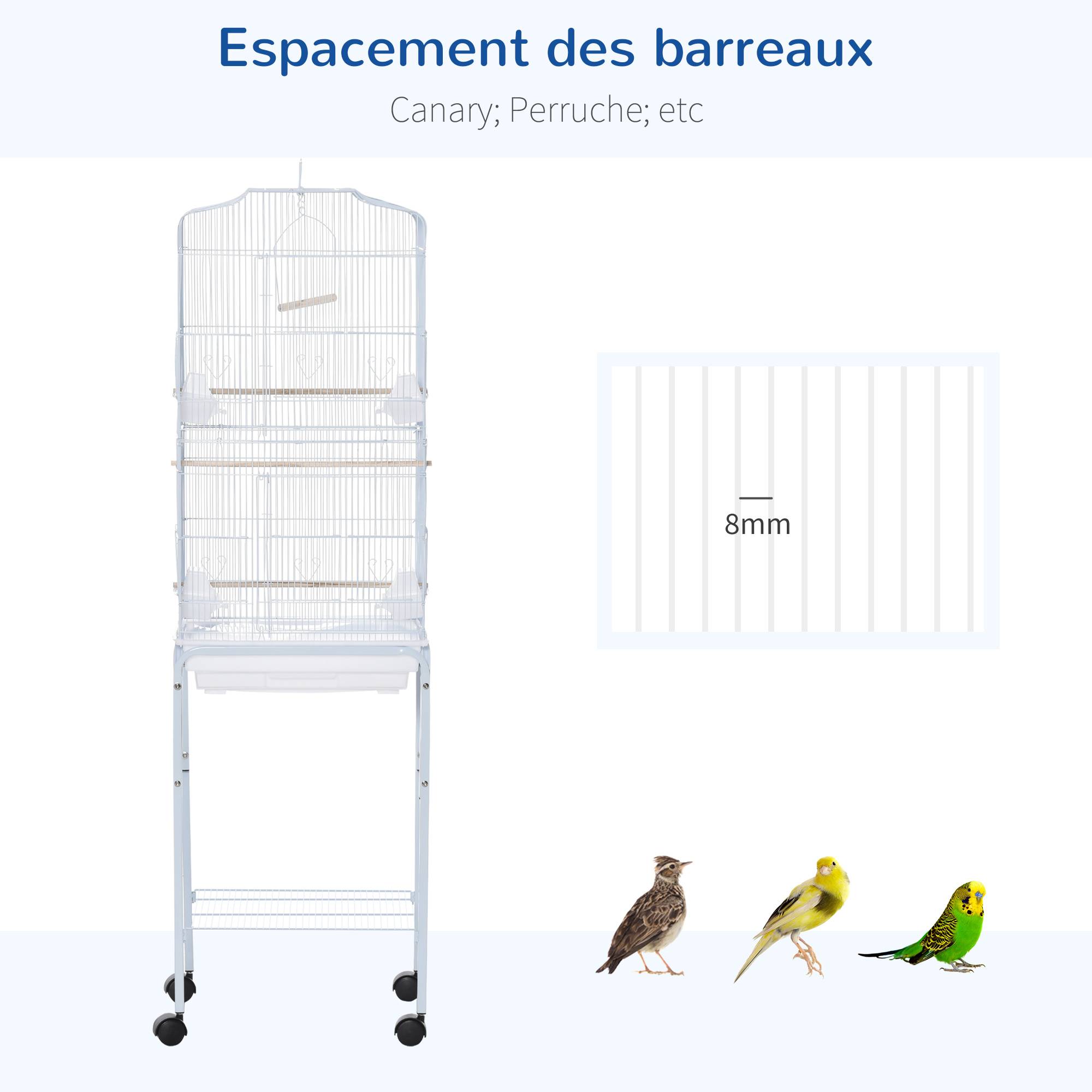 Pawhut - PawHut Cage à oiseaux sur pied volière oiseaux sur roulettes avec toit ouvrant 3 perchoirs étagère inférieure 46,5 x 36 x 157 cm - Image 6