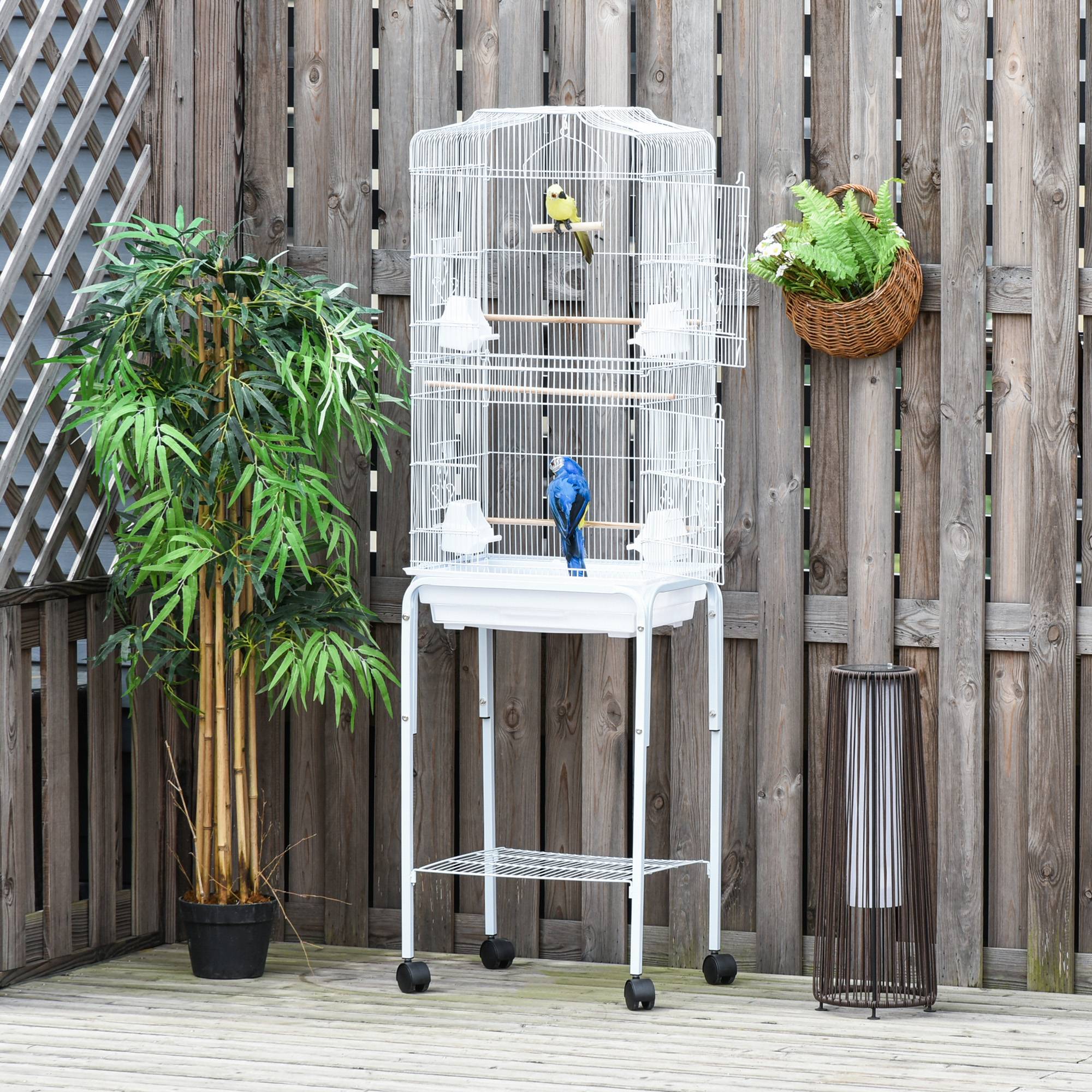 Pawhut - PawHut Cage à oiseaux sur pied volière oiseaux sur roulettes avec toit ouvrant 3 perchoirs étagère inférieure 46,5 x 36 x 157 cm - Image 8