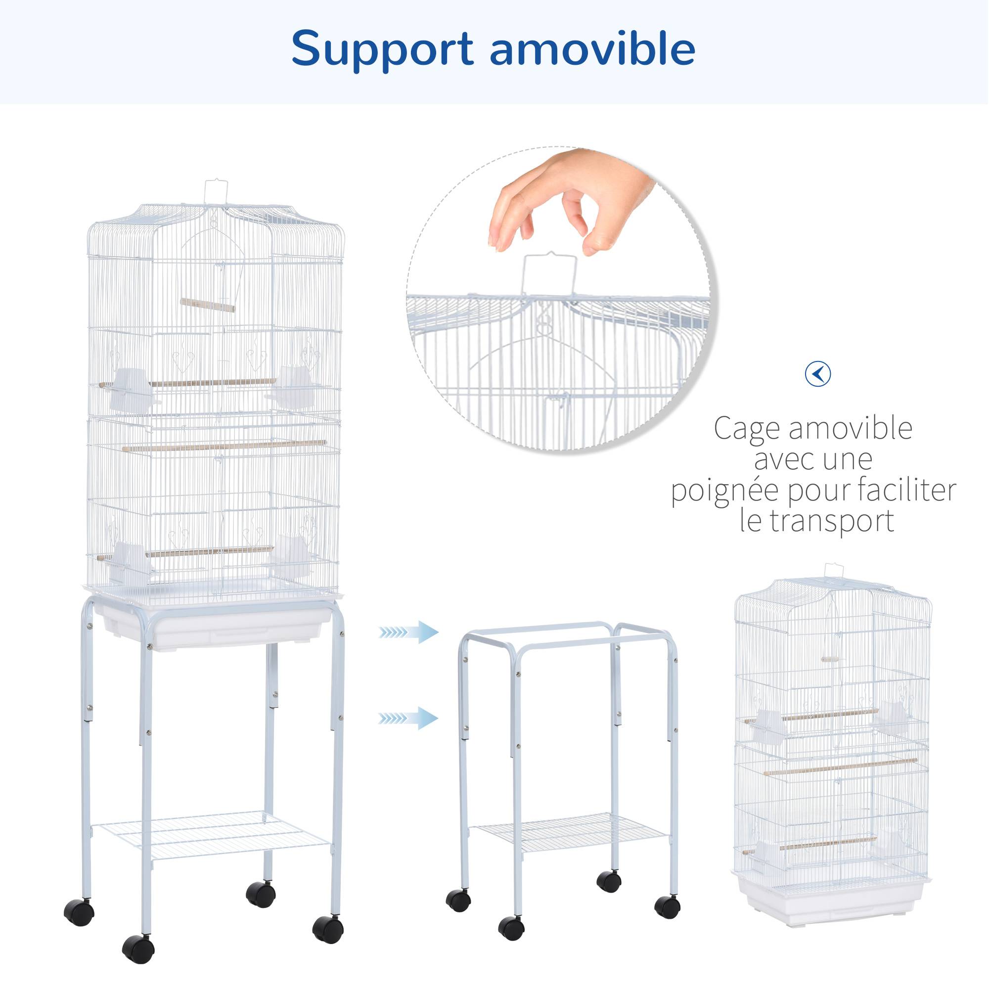 Pawhut - PawHut Cage à oiseaux sur pied volière oiseaux sur roulettes avec toit ouvrant 3 perchoirs étagère inférieure 46,5 x 36 x 157 cm - Image 4