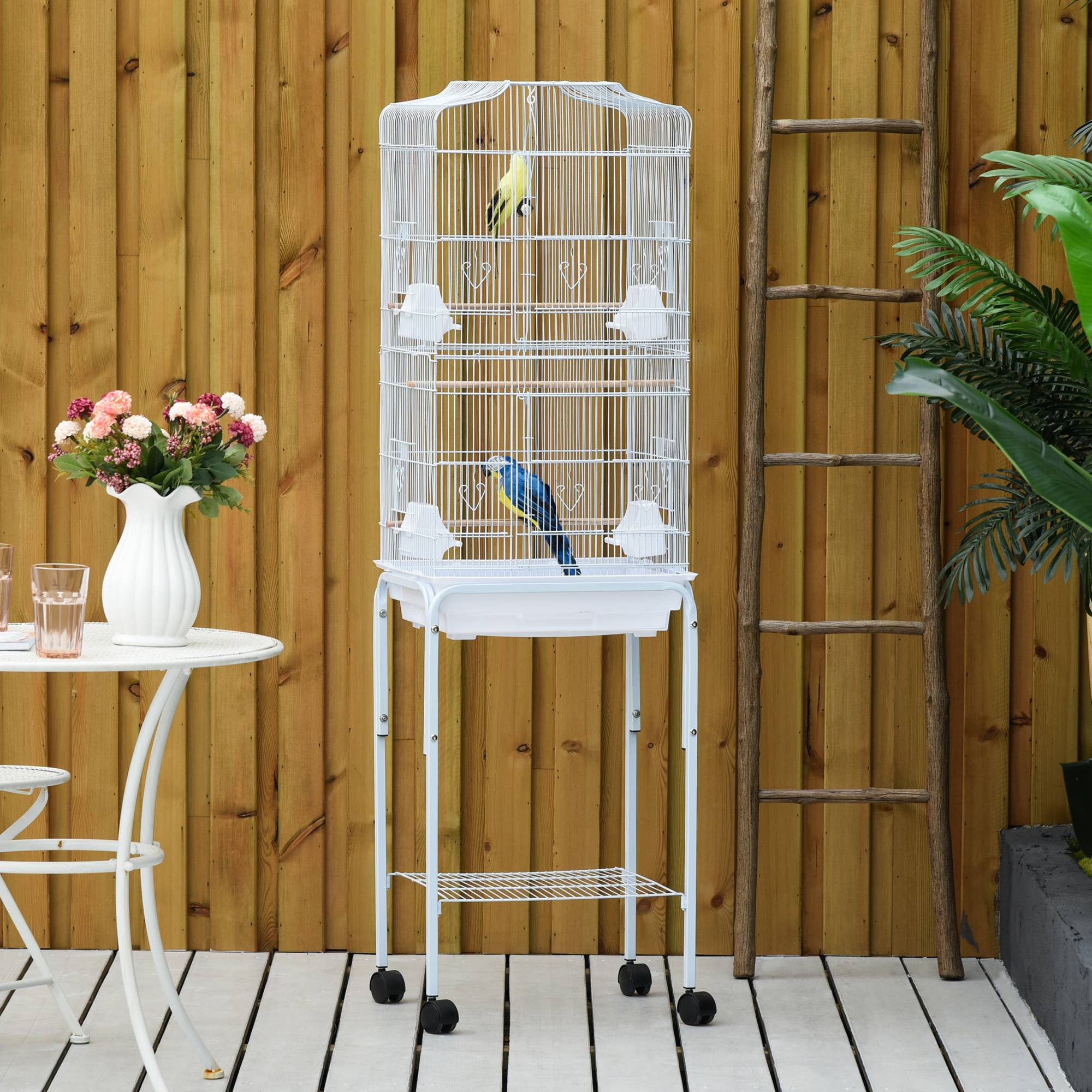 Pawhut - PawHut Cage à oiseaux sur pied volière oiseaux sur roulettes avec toit ouvrant 3 perchoirs étagère inférieure 46,5 x 36 x 157 cm - Image 2