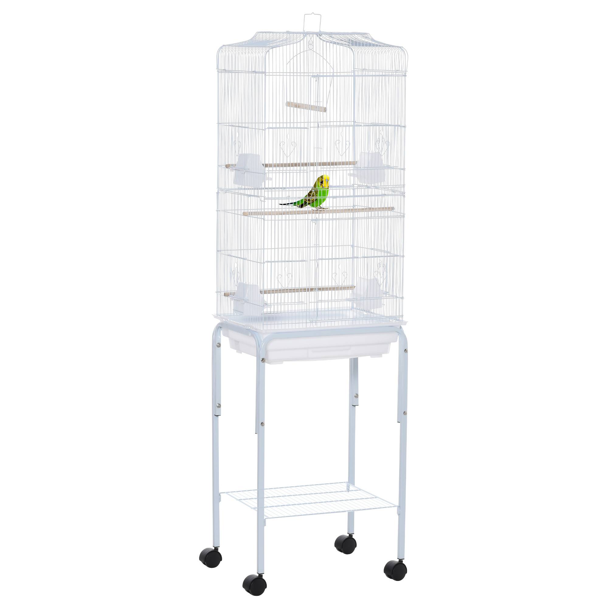 Pawhut - PawHut Cage à oiseaux sur pied volière oiseaux sur roulettes avec toit ouvrant 3 perchoirs étagère inférieure 46,5 x 36 x 157 cm - Image 1