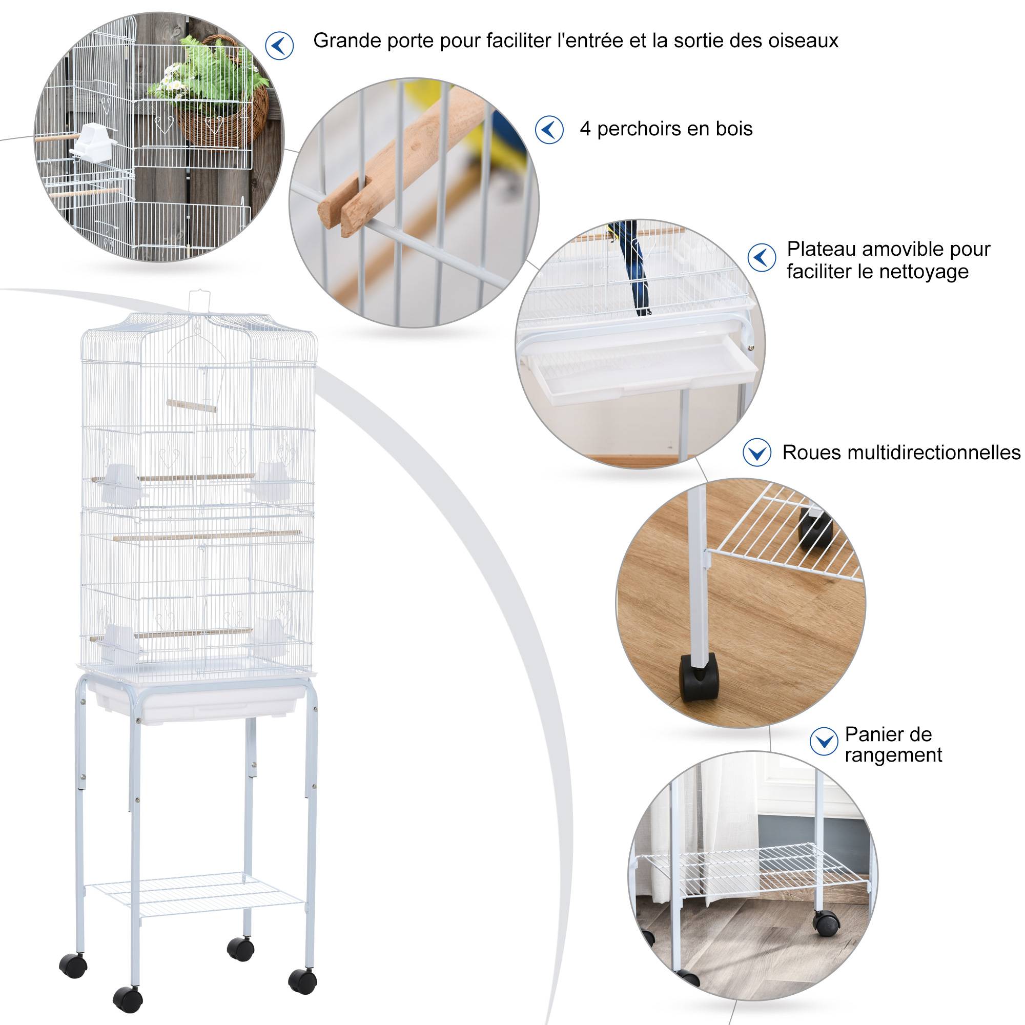 Pawhut - PawHut Cage à oiseaux sur pied volière oiseaux sur roulettes avec toit ouvrant 3 perchoirs étagère inférieure 46,5 x 36 x 157 cm - Image 5