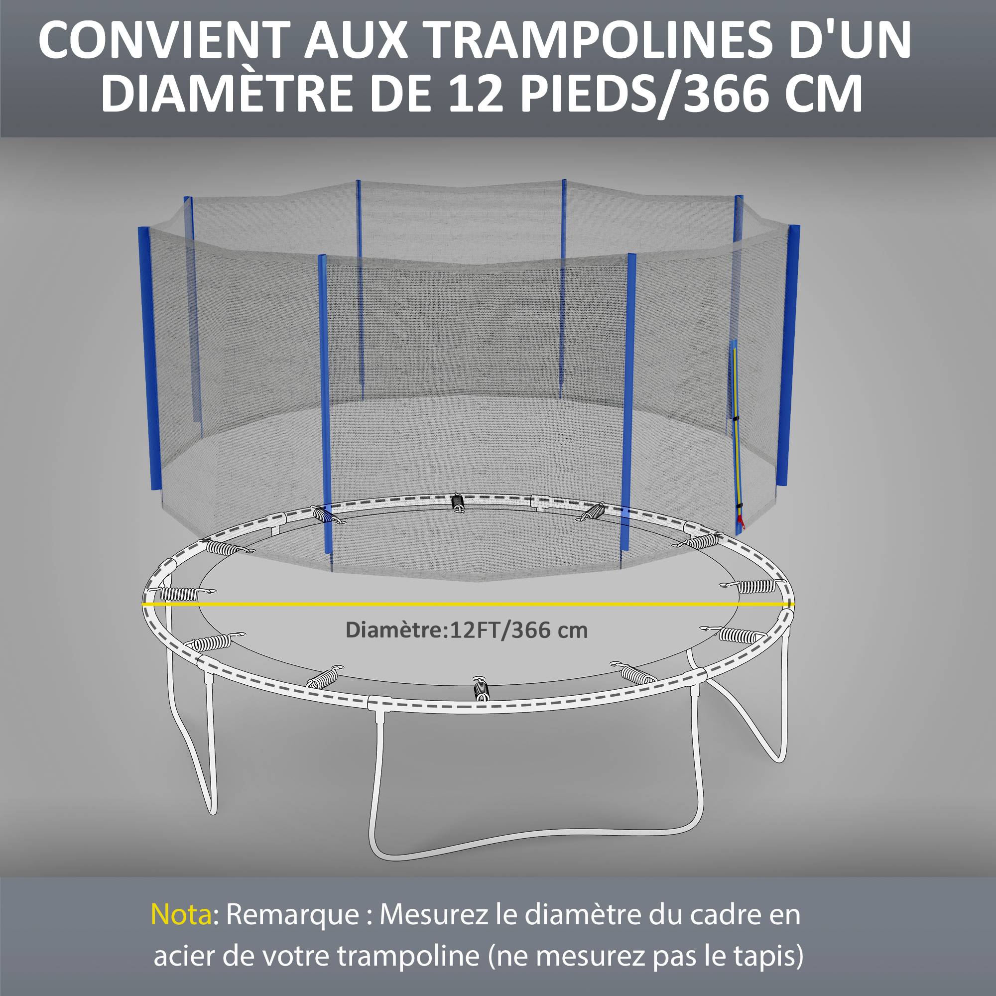 Sportnow - Filet de sécurité trampoline porte zipée Ø 366 cm 8 poteaux bleu noir - SPORTNOW - Imagen 3