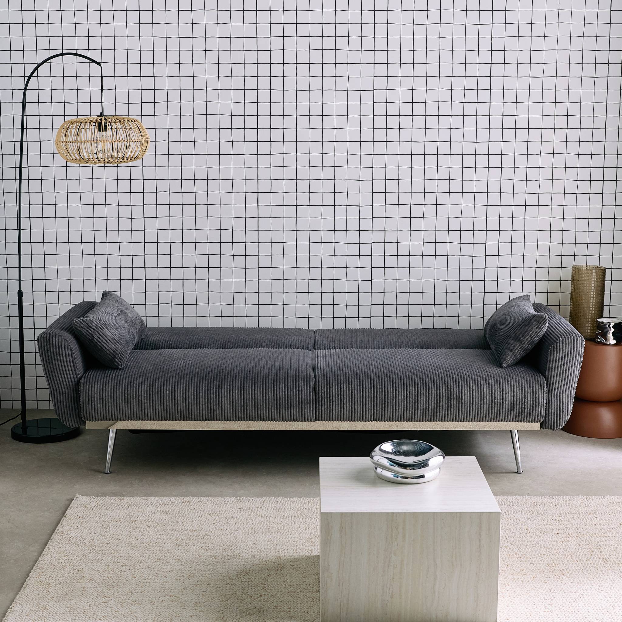 Canapé convertible design en velours côtelé gris foncé - Oskar - 3 places scandinave droit avec pieds métal chromé | sweeek - Image 3