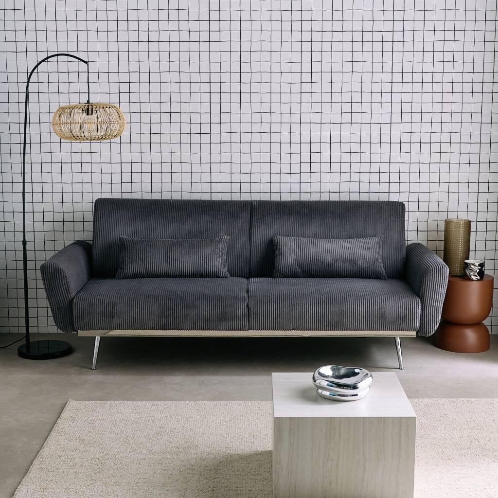 Canapé convertible design en velours côtelé gris foncé - Oskar - 3 places scandinave droit avec pieds métal chromé | sweeek - Image 1