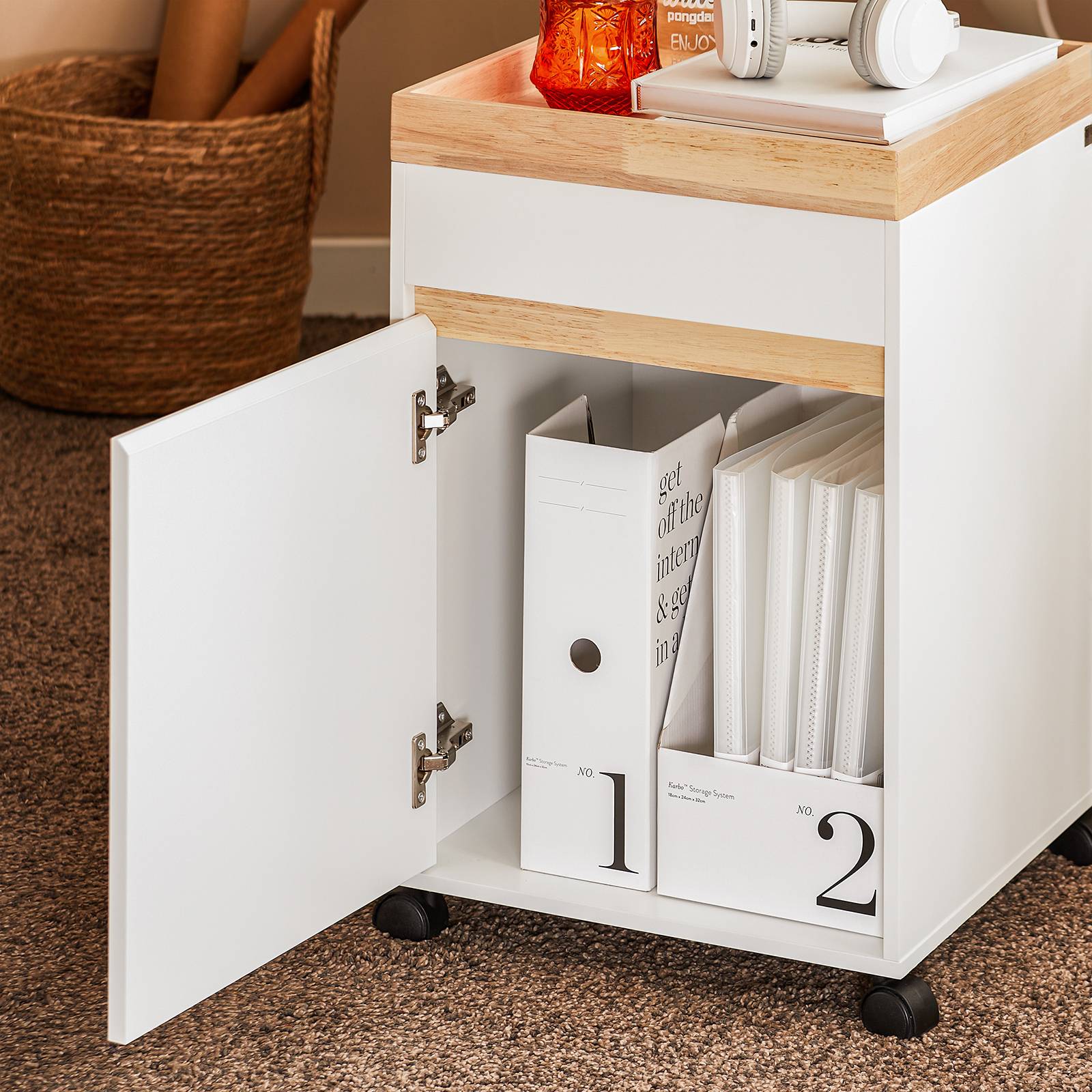 SoBuy Caisson Bureau Mobile Avec Tiroirs – Support Imprimante Roulant Organiseur 58x35x59 Cm – MDF Blanc Chic ASK05-W