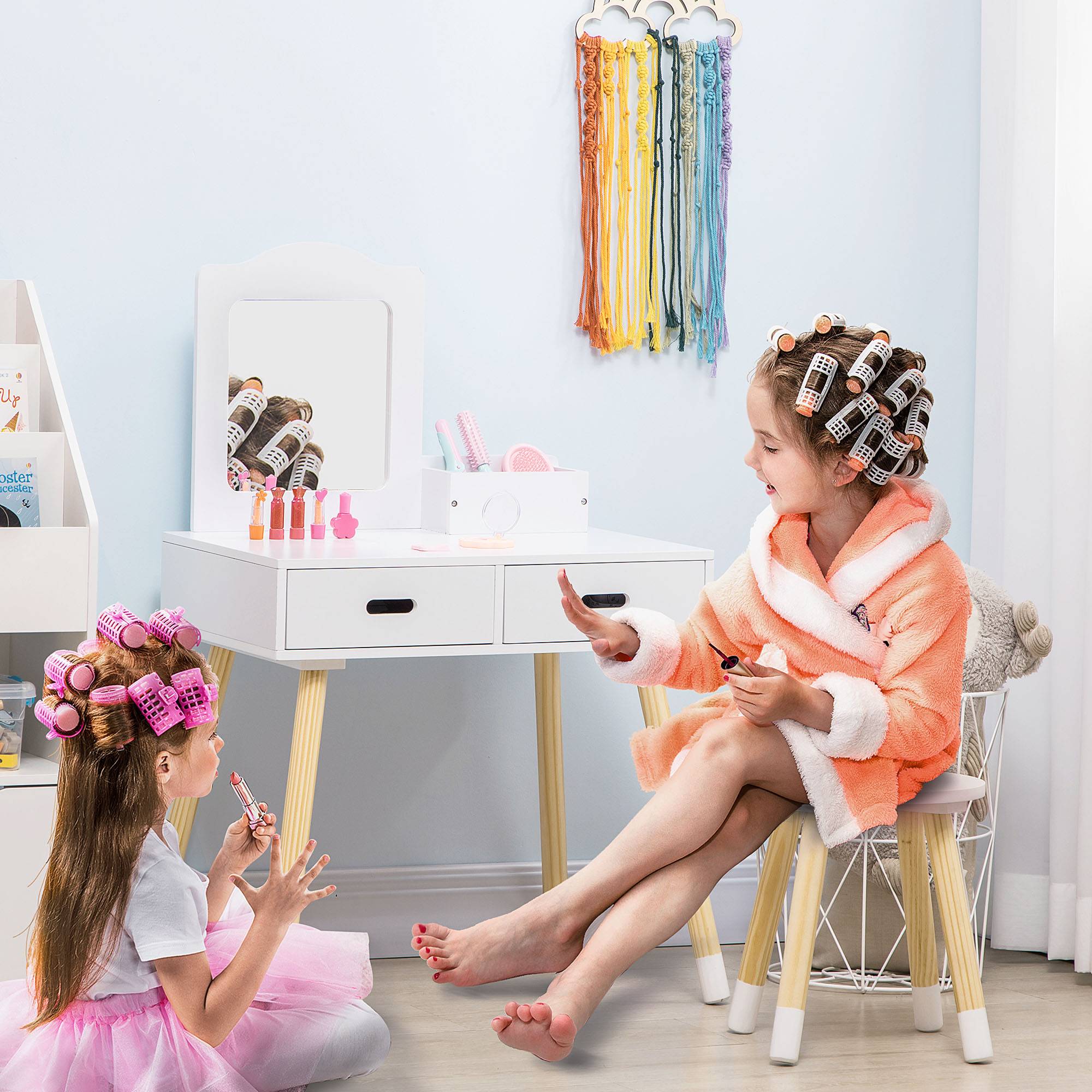 Sans Marque - Coiffeuse en bois pour enfants avec tabouret et miroir, centre de beauté avec 2 tiroirs pour les 3-6 ans, 60 x 40 x 95 cm, blanche - Image 4