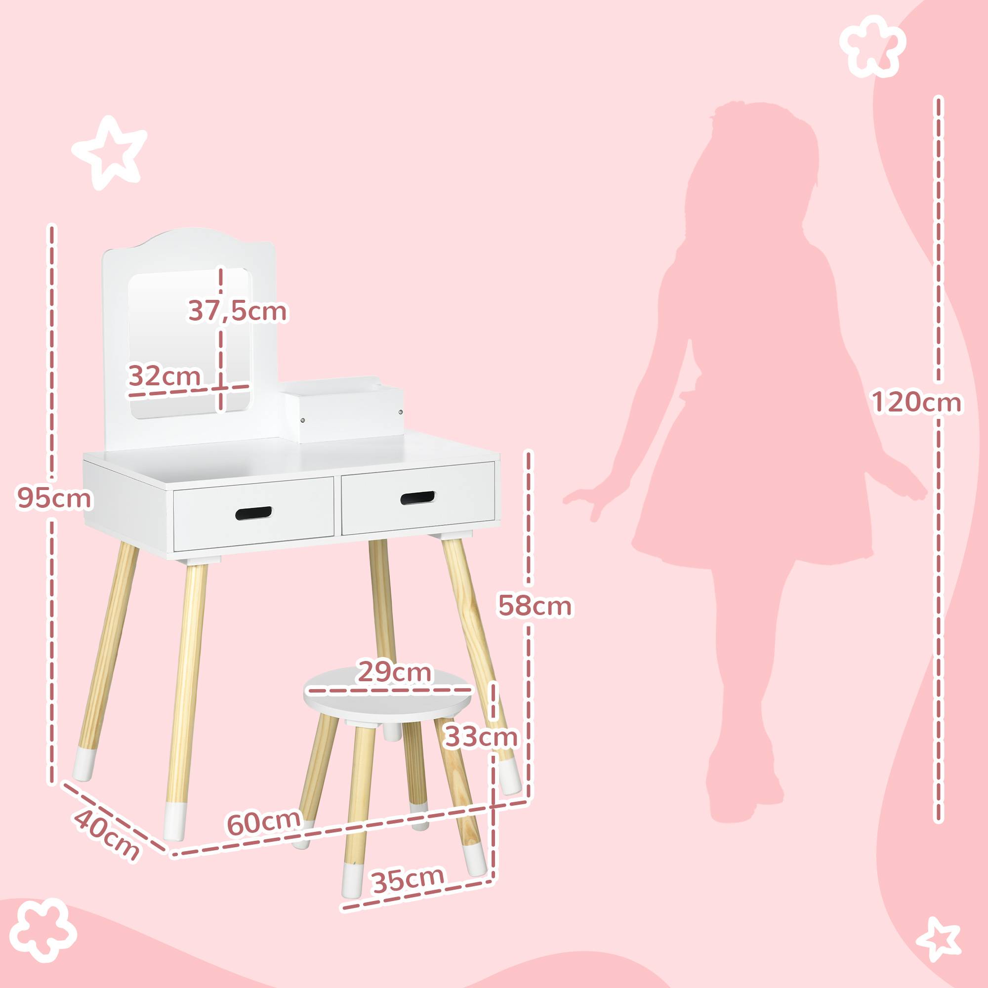 Sans Marque - Coiffeuse en bois pour enfants avec tabouret et miroir, centre de beauté avec 2 tiroirs pour les 3-6 ans, 60 x 40 x 95 cm, blanche - Image 5