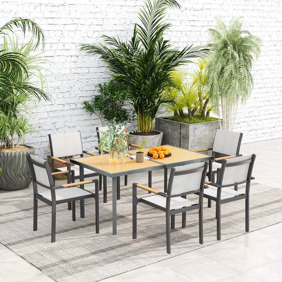 Table à manger de jardin pour 6 personnes table de jardin avec plateau effet bois en acier 150 x 90 x 72 cm bois naturel - Image 10
