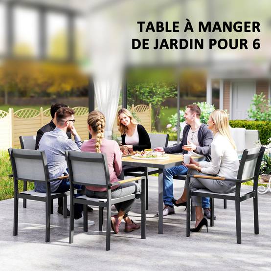 Table à manger de jardin pour 6 personnes table de jardin avec plateau effet bois en acier 150 x 90 x 72 cm bois naturel - Image 7