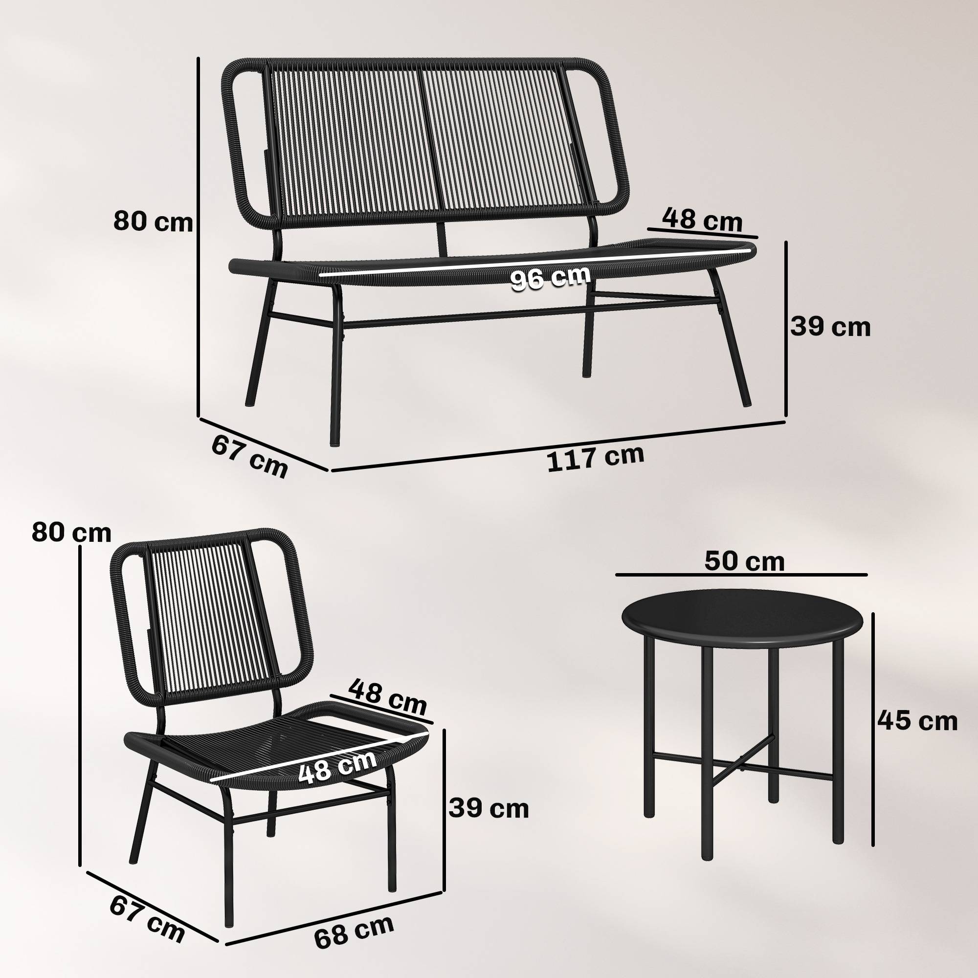 Sans Marque - Ensemble mobilier jardin rotin 4 pièces canapé extérieur table basse métal noir - Image 5