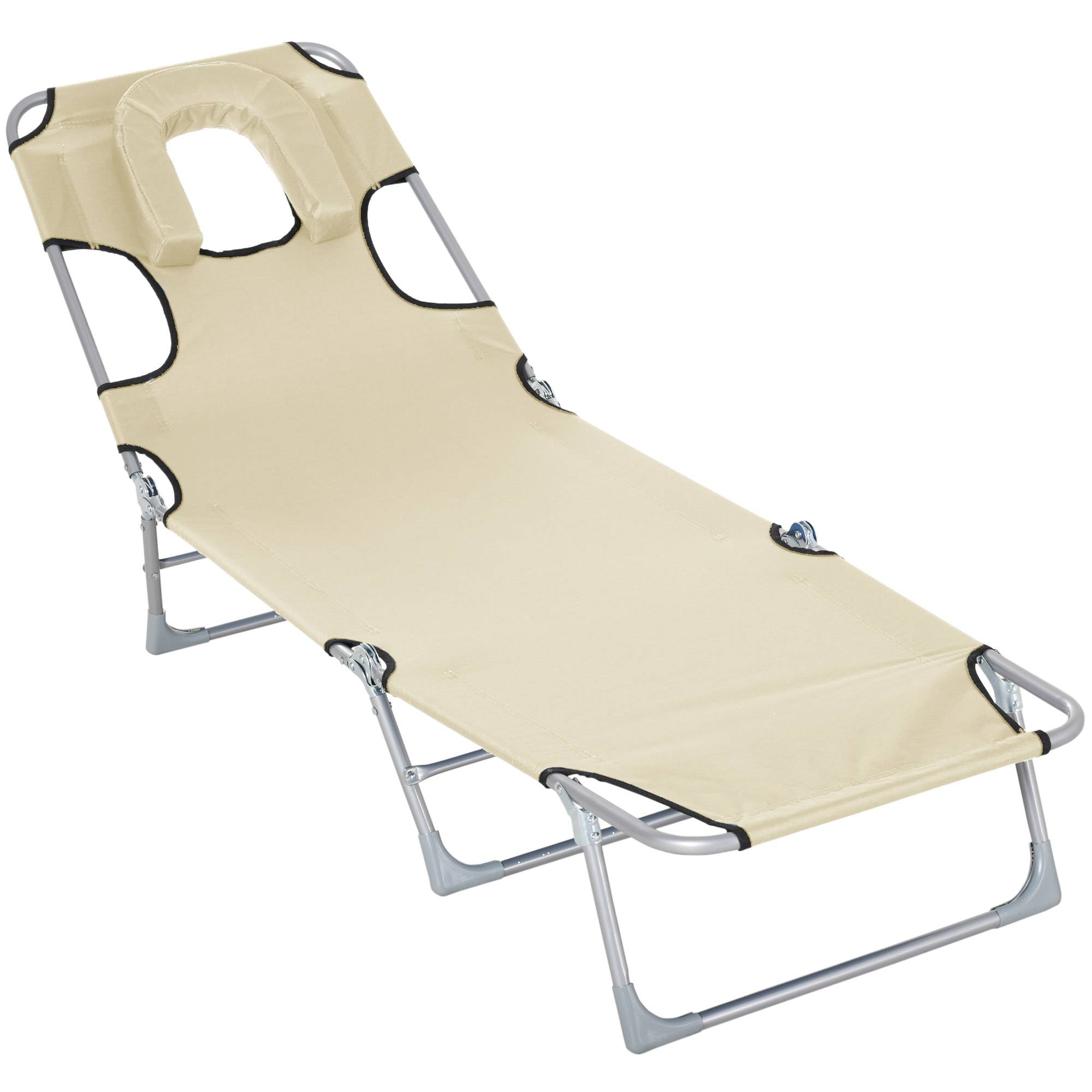 Transat jardin pliable inclinable, trou de lecture, appui-tête, 5 niveaux, plage,182x56x28 cm, beige - Image 2