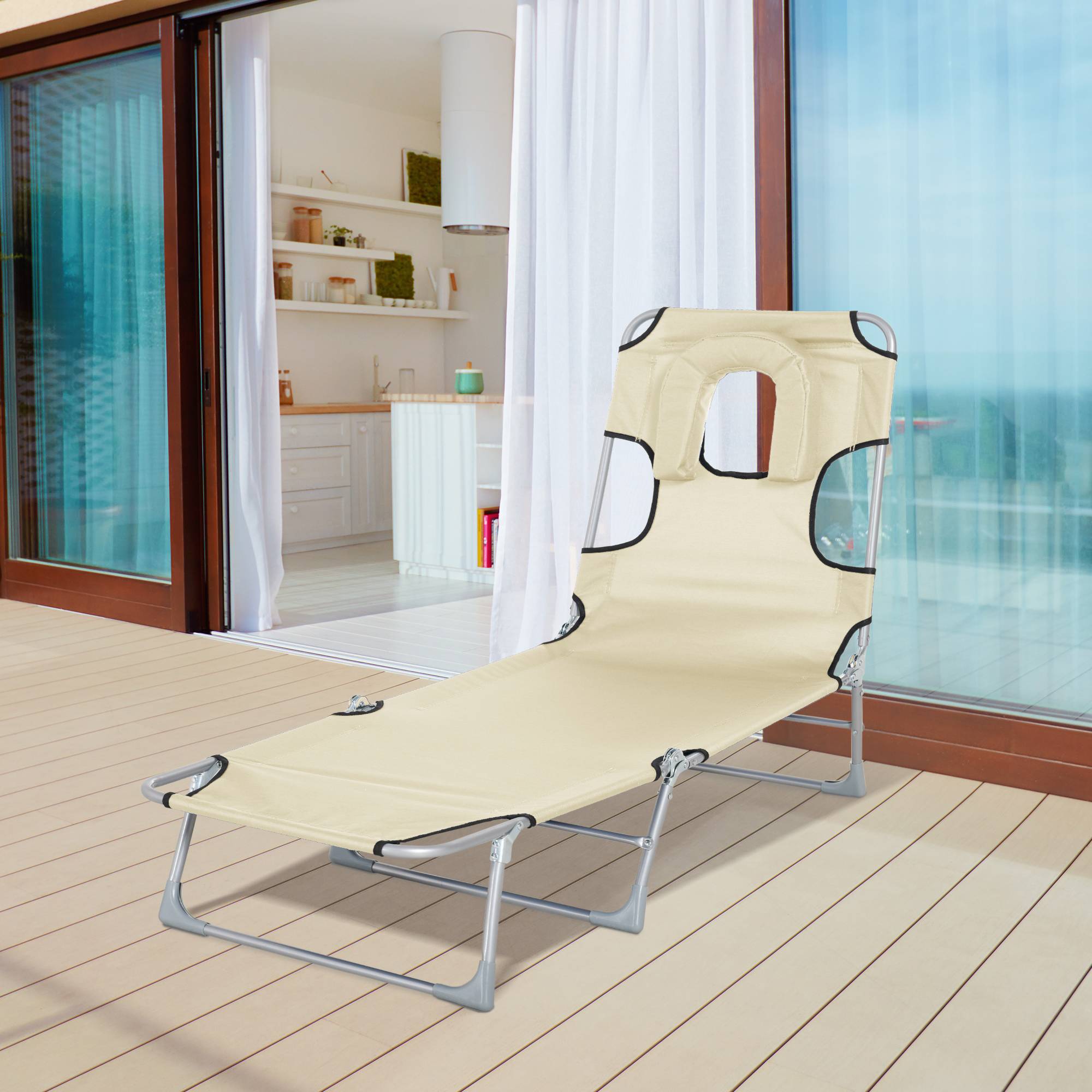 Transat jardin pliable inclinable, trou de lecture, appui-tête, 5 niveaux, plage,182x56x28 cm, beige - Image 4