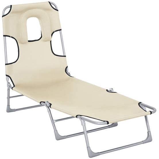 Transat jardin pliable inclinable, trou de lecture, appui-tête, 5 niveaux, plage,182x56x28 cm, beige - Image 1