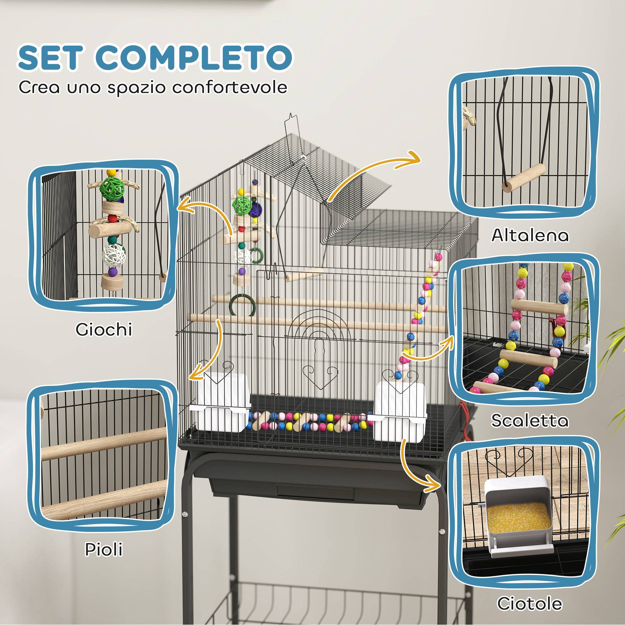 Cage pour oiseaux avec pied, roues pivotantes, étagère et accessoires, 46x36x120 cm, noir - Image 6
