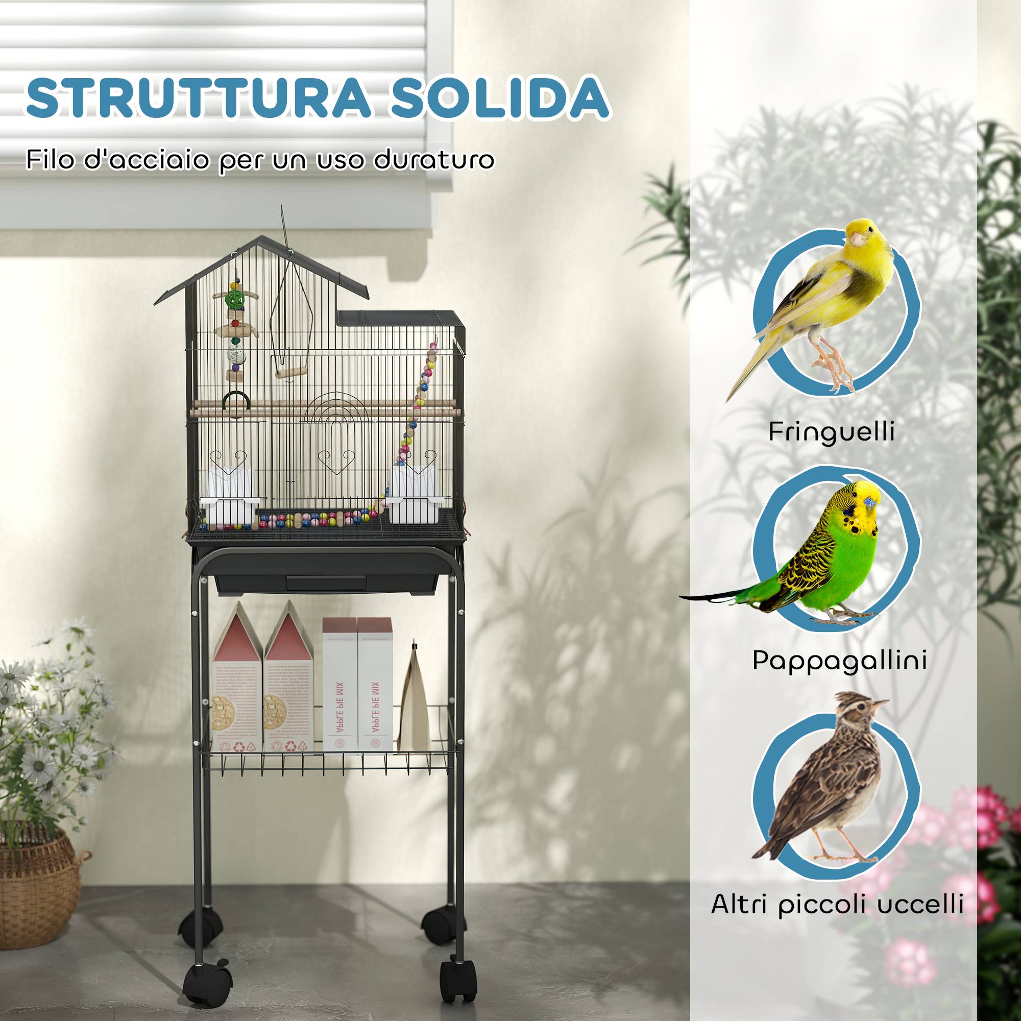Cage pour oiseaux avec pied, roues pivotantes, étagère et accessoires, 46x36x120 cm, noir - Image 8