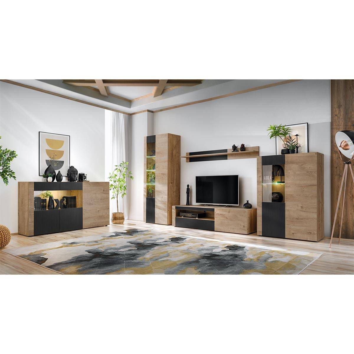 Meuble de Rangement Haut Rainuré "Aron" 192cm Naturel & Noir - Image 10