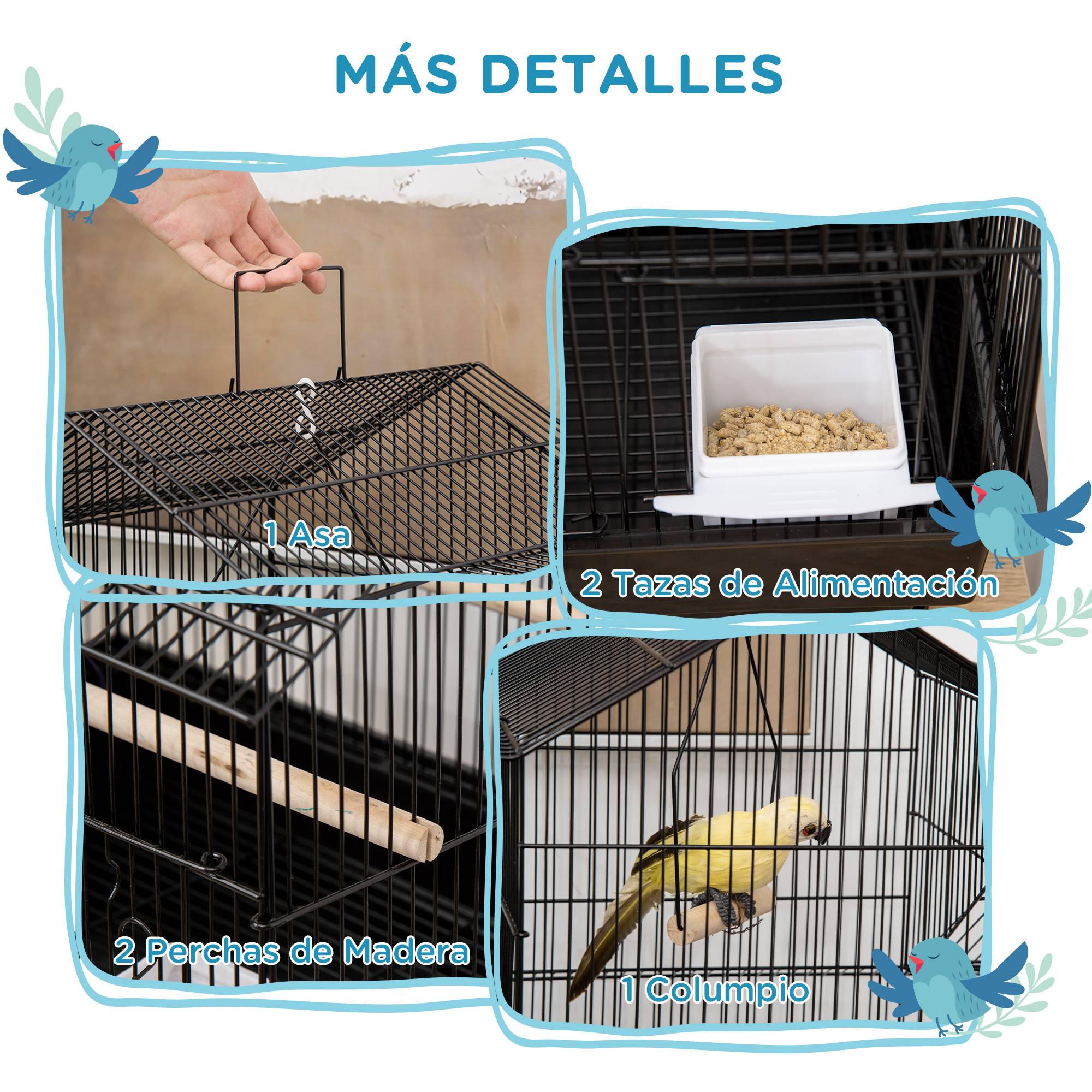 Cage à oiseaux en acier avec plateau extractible et 2 mangeoires, pour pinsons et perruches, 50,5x41x63 cm, noir - Image 6