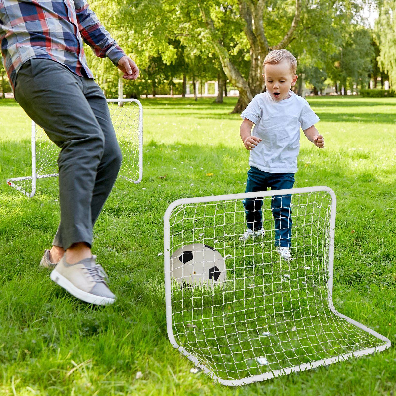 Homcom - Set de 2 mini cages de football pour enfant - ballon, pompe, piquets inclus - 78L x 46l x 56H cm - métal blanc - HOMCOM - Imagen 2