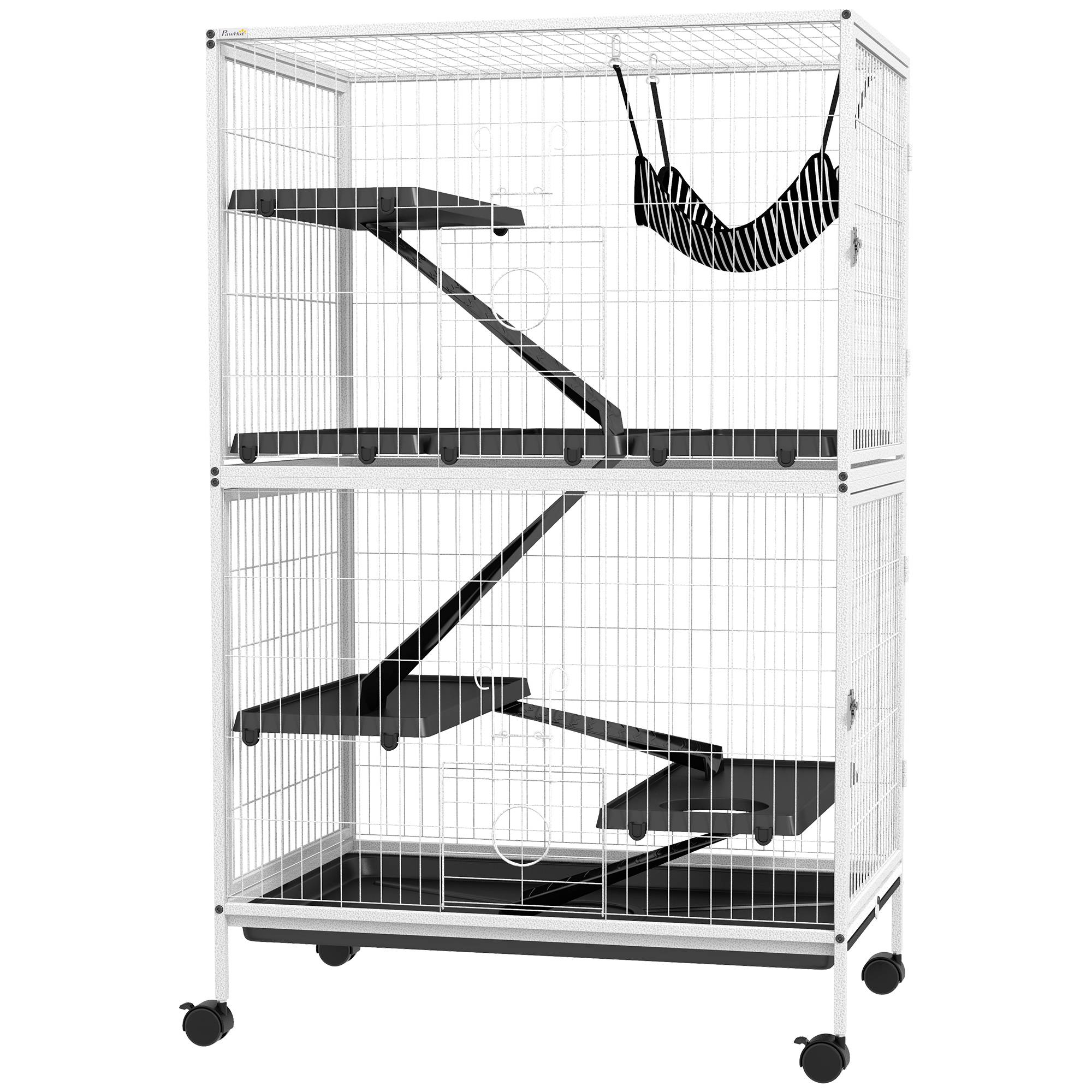 Cage pour petits animaux avec roues, rampes, hamac et plateau amovible pour chinchillas et furets, 80 x 52 x 128 cm, blanche - Image 2