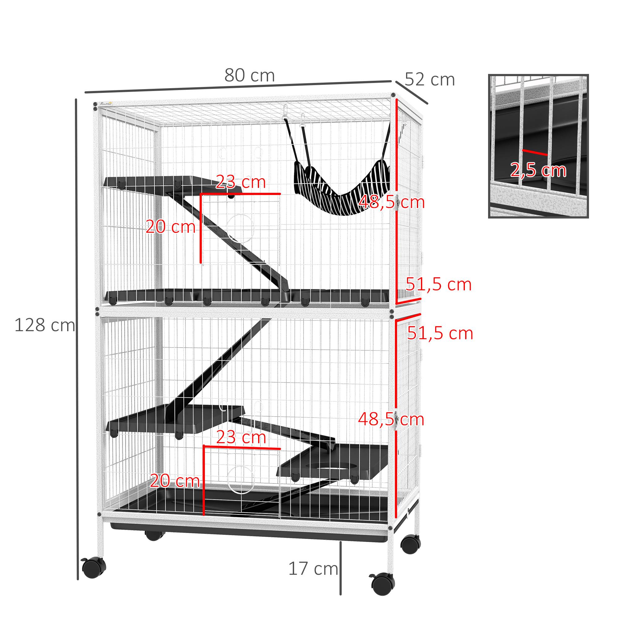 Cage pour petits animaux avec roues, rampes, hamac et plateau amovible pour chinchillas et furets, 80 x 52 x 128 cm, blanche - Image 5