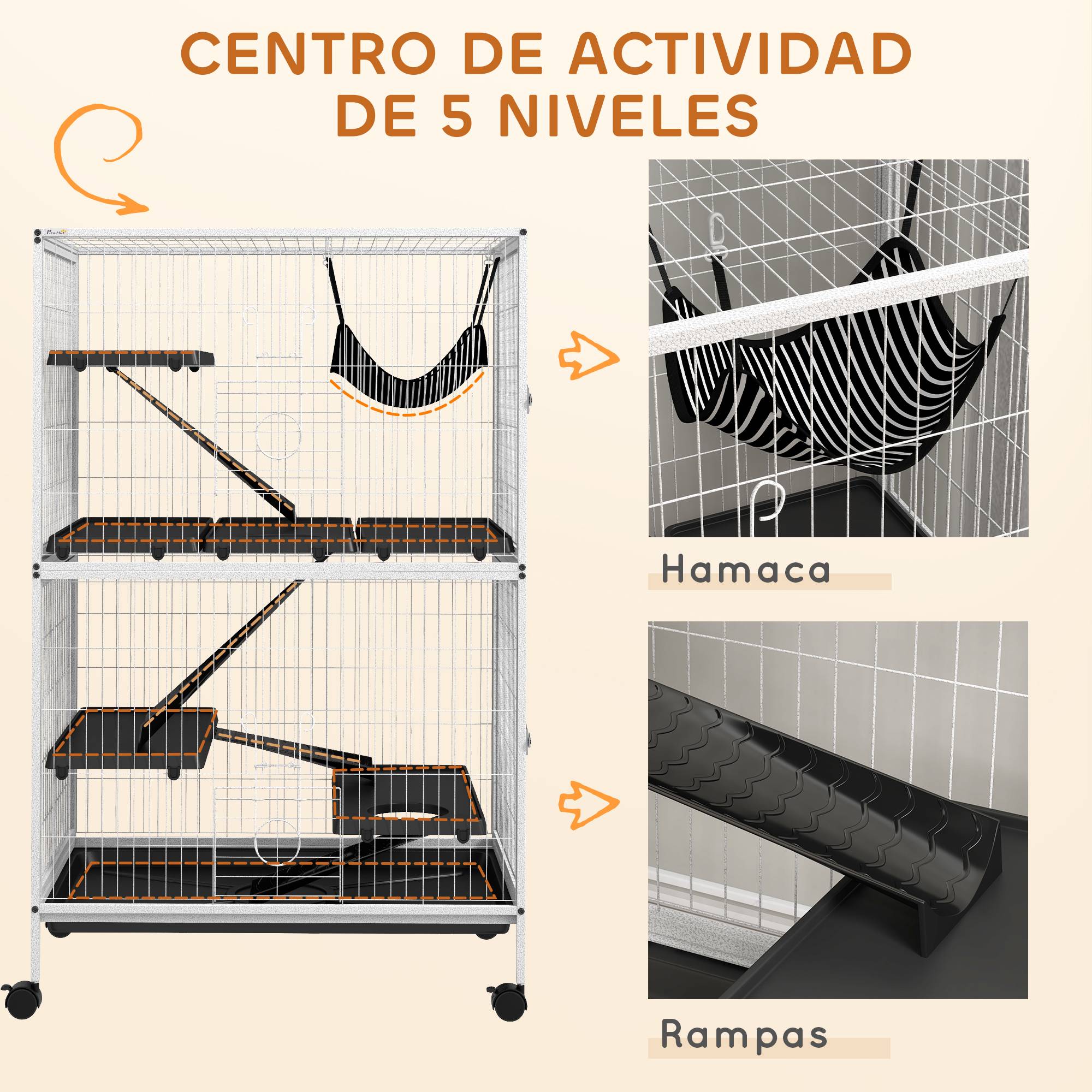 Cage pour petits animaux avec roues, rampes, hamac et plateau amovible pour chinchillas et furets, 80 x 52 x 128 cm, blanche - Image 8
