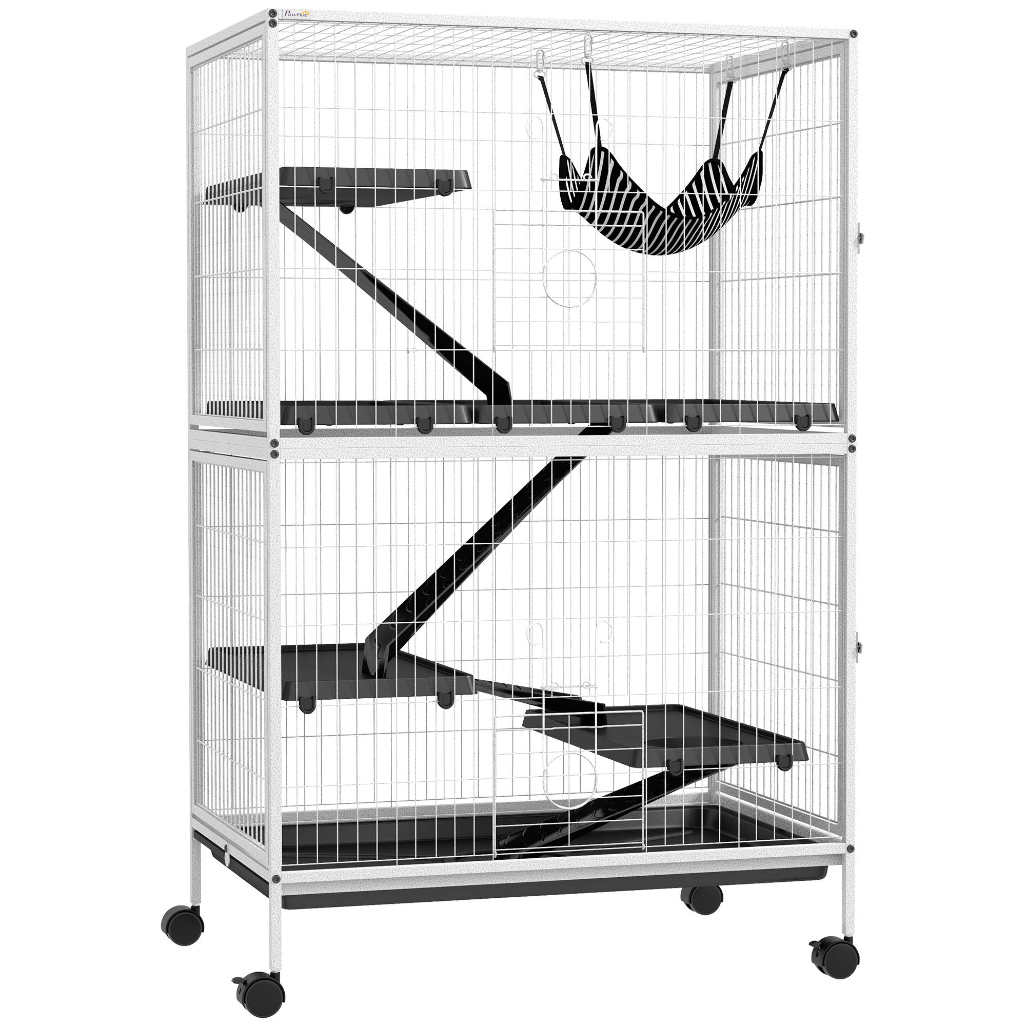 Cage pour petits animaux avec roues, rampes, hamac et plateau amovible pour chinchillas et furets, 80 x 52 x 128 cm, blanche - Image 1