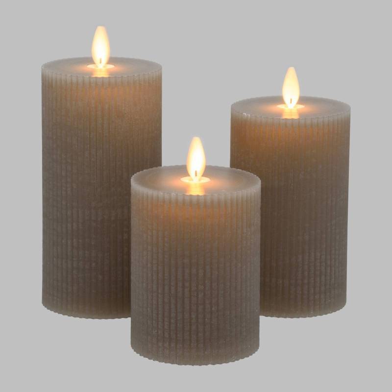 Lotti - Lot de 3 Bougies LED Flamme scintillante Ø7,5cm H10/12,5/15cm avec nervures Cire taupe avec télécommande