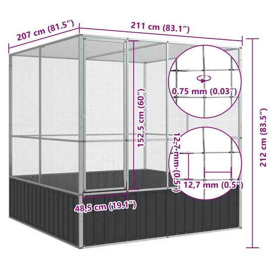 Cage Oiseaux Carrée Acier Galvanisé Sécurisée Argent 211x207x212cm - ComfortXL Outdoor Living - Image 10