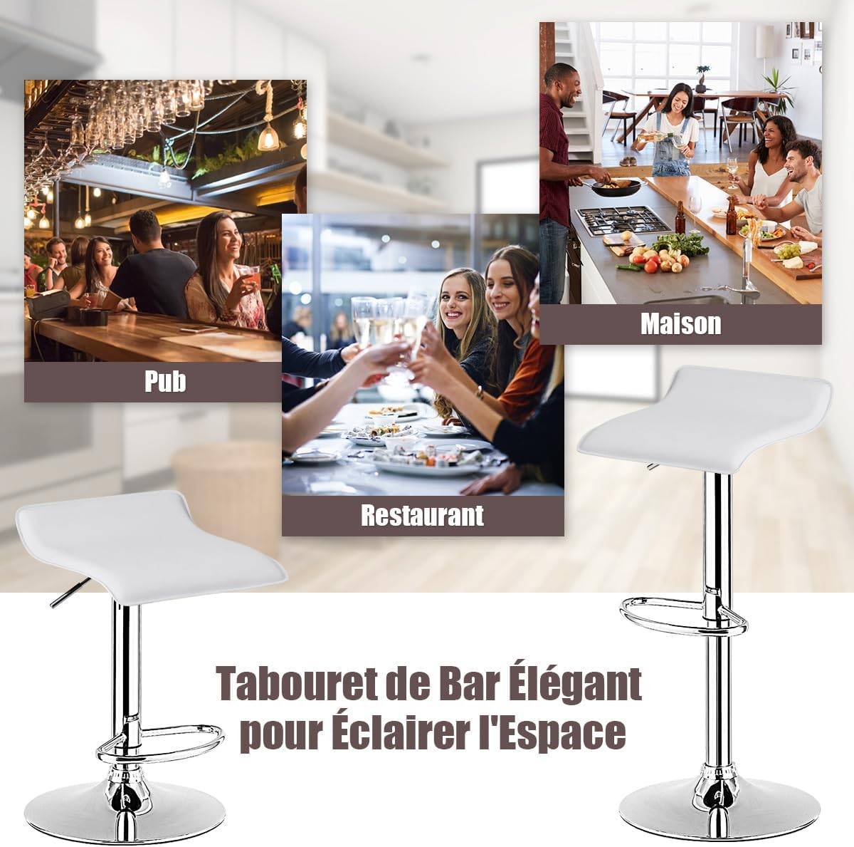 Costway - Tabouret de Bar, Chaise Bar Lot de 2 en Cuir PU, Hauteur Réglable, Rotatif sur 360°, Repose-Pieds, Cadre en Acier, Blanc - Image 8