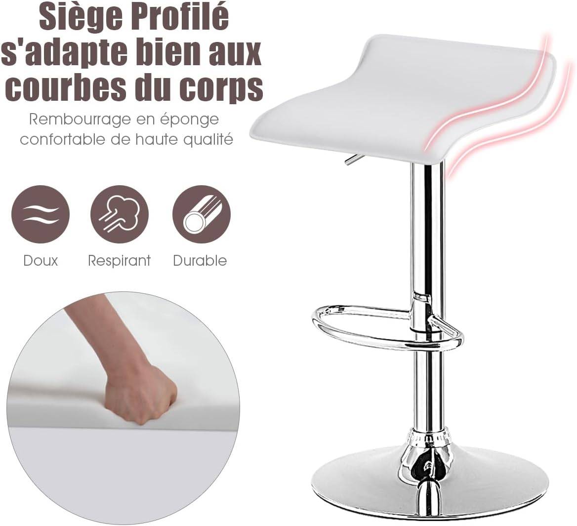 Costway - Tabouret de Bar, Chaise Bar Lot de 2 en Cuir PU, Hauteur Réglable, Rotatif sur 360°, Repose-Pieds, Cadre en Acier, Blanc - Image 7