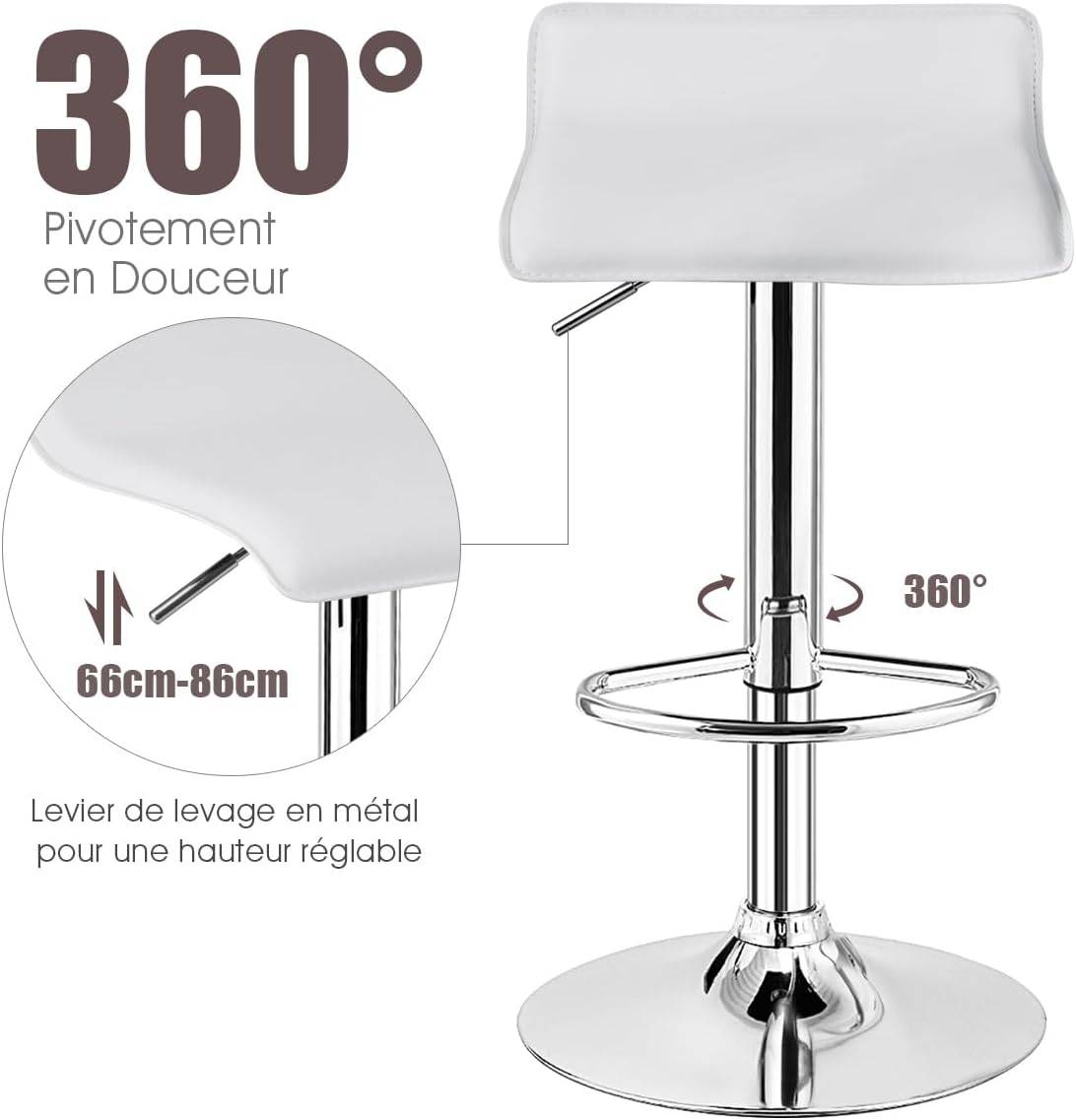 Costway - Tabouret de Bar, Chaise Bar Lot de 2 en Cuir PU, Hauteur Réglable, Rotatif sur 360°, Repose-Pieds, Cadre en Acier, Blanc - Image 5