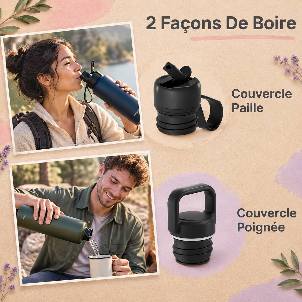 Bouteille Eau 2L Acier Inoxydable Avec 2 Couvercles et Support Conçue pour Sport Voyage Randonnée - Image 4