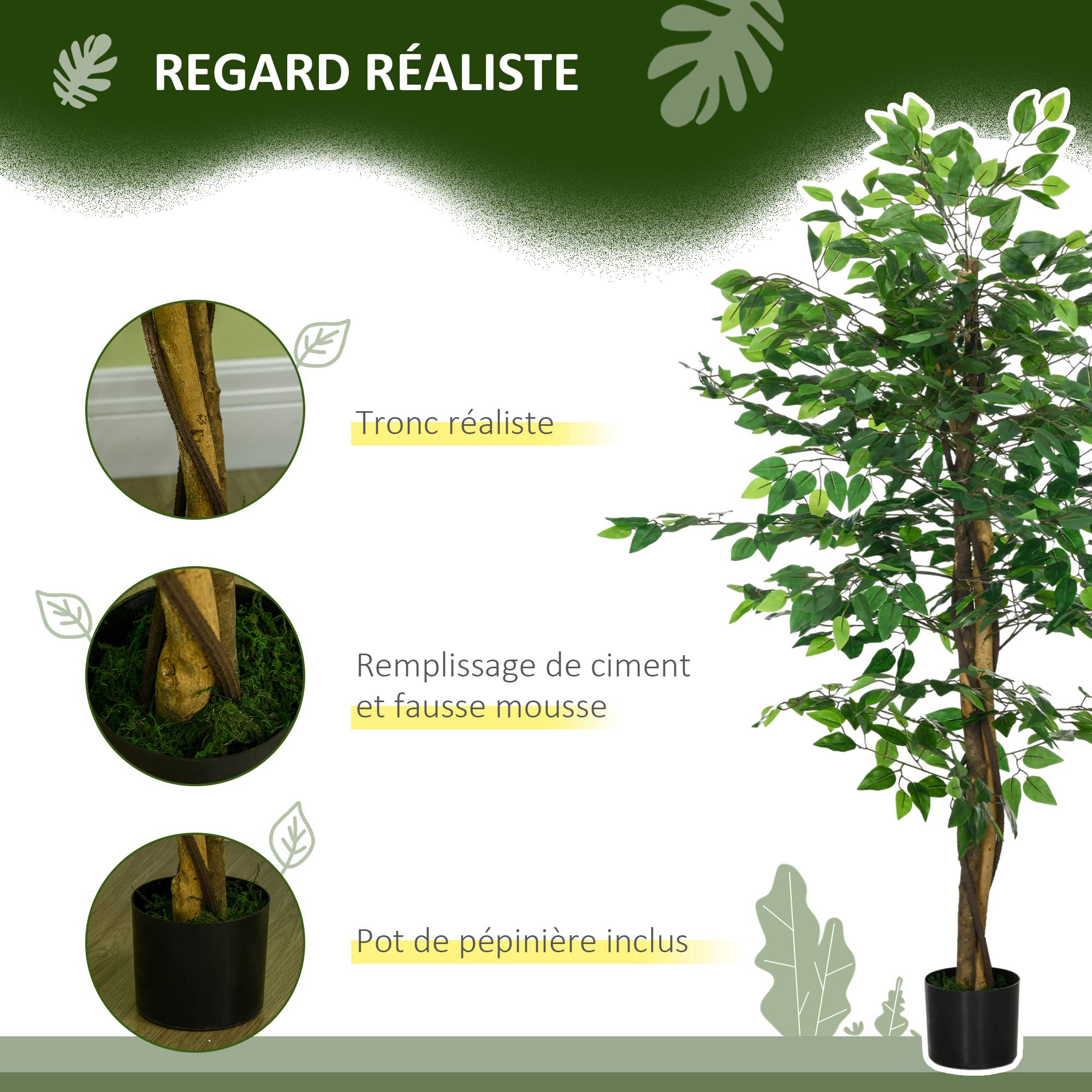 Plante artificielle ficus hauteur 1,50 m tronc branches liane lichen feuilles grand réalisme pot inclus vert - Image 6