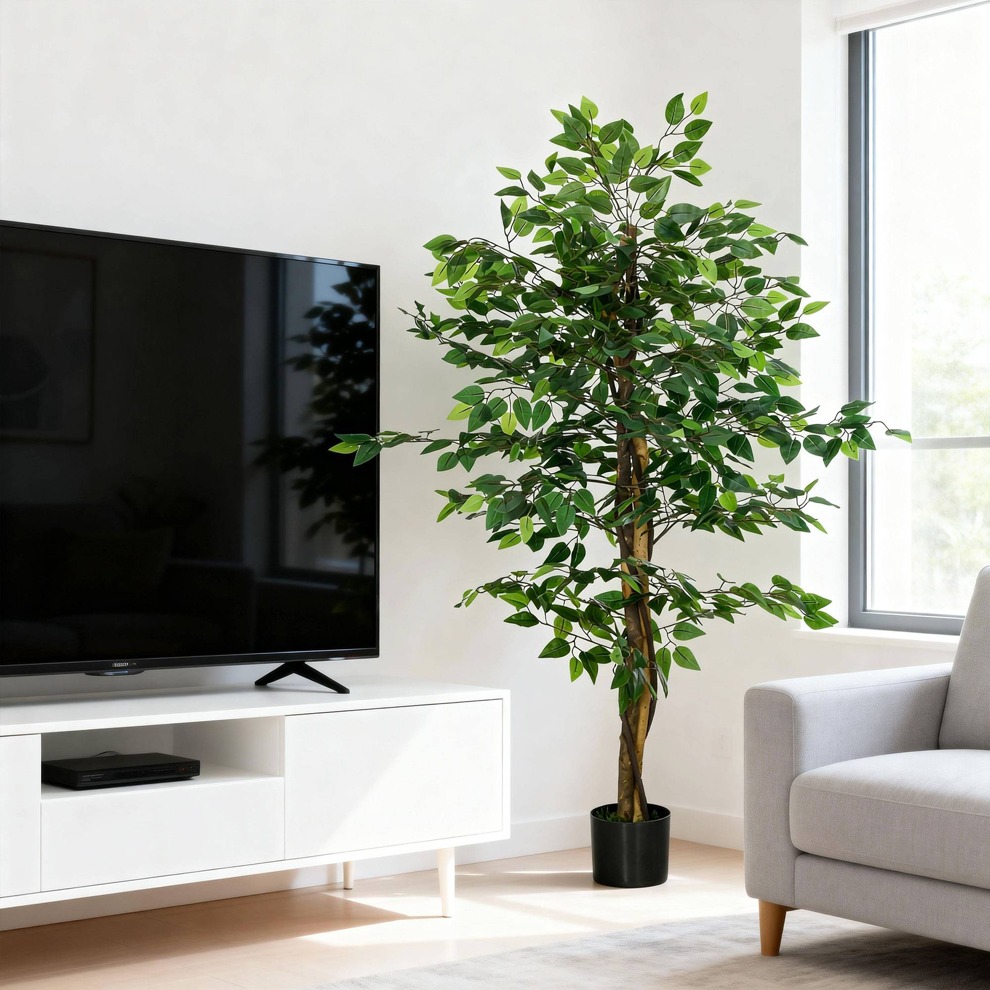 Plante artificielle ficus hauteur 1,50 m tronc branches liane lichen feuilles grand réalisme pot inclus vert - Image 10
