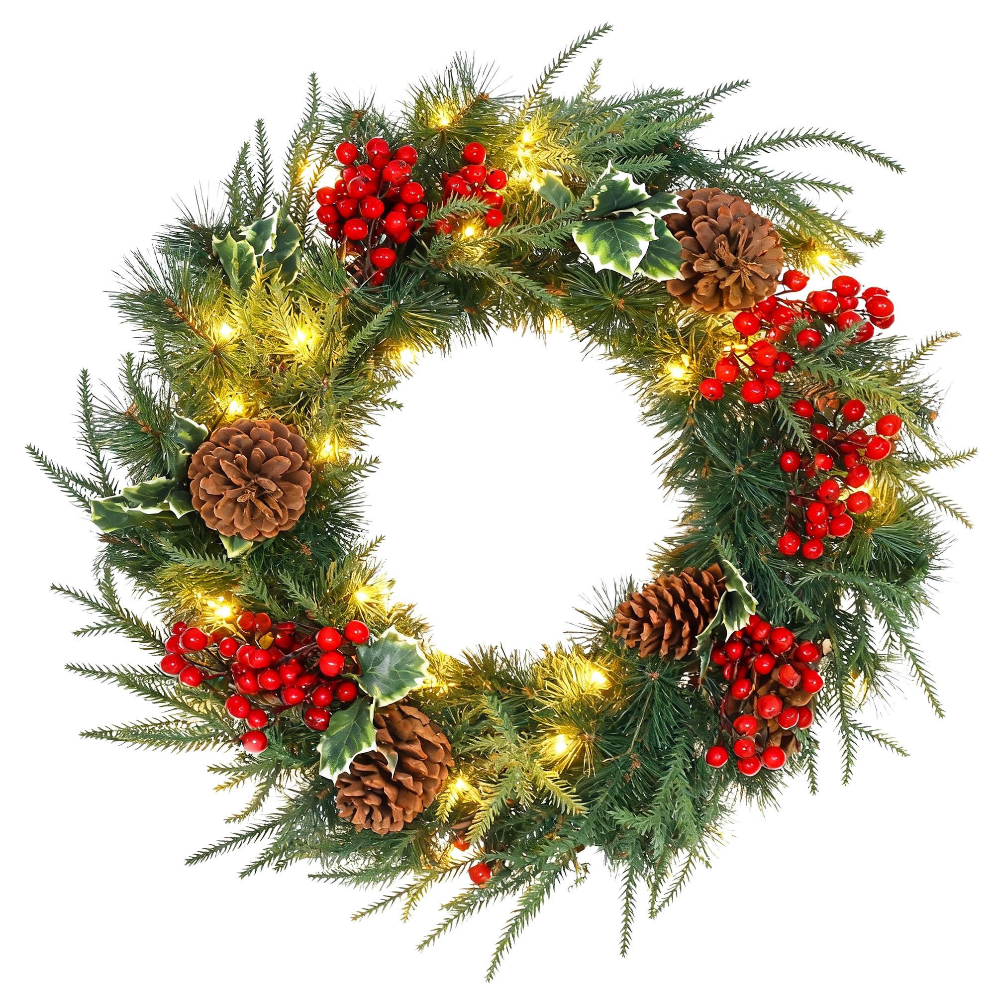 Sans Marque - Couronne de Noël lumineuse 60 cm avec 35 LED, minuterie, 170 pointes, pommes de pin, baies, feuilles de houx, vert - Image 2