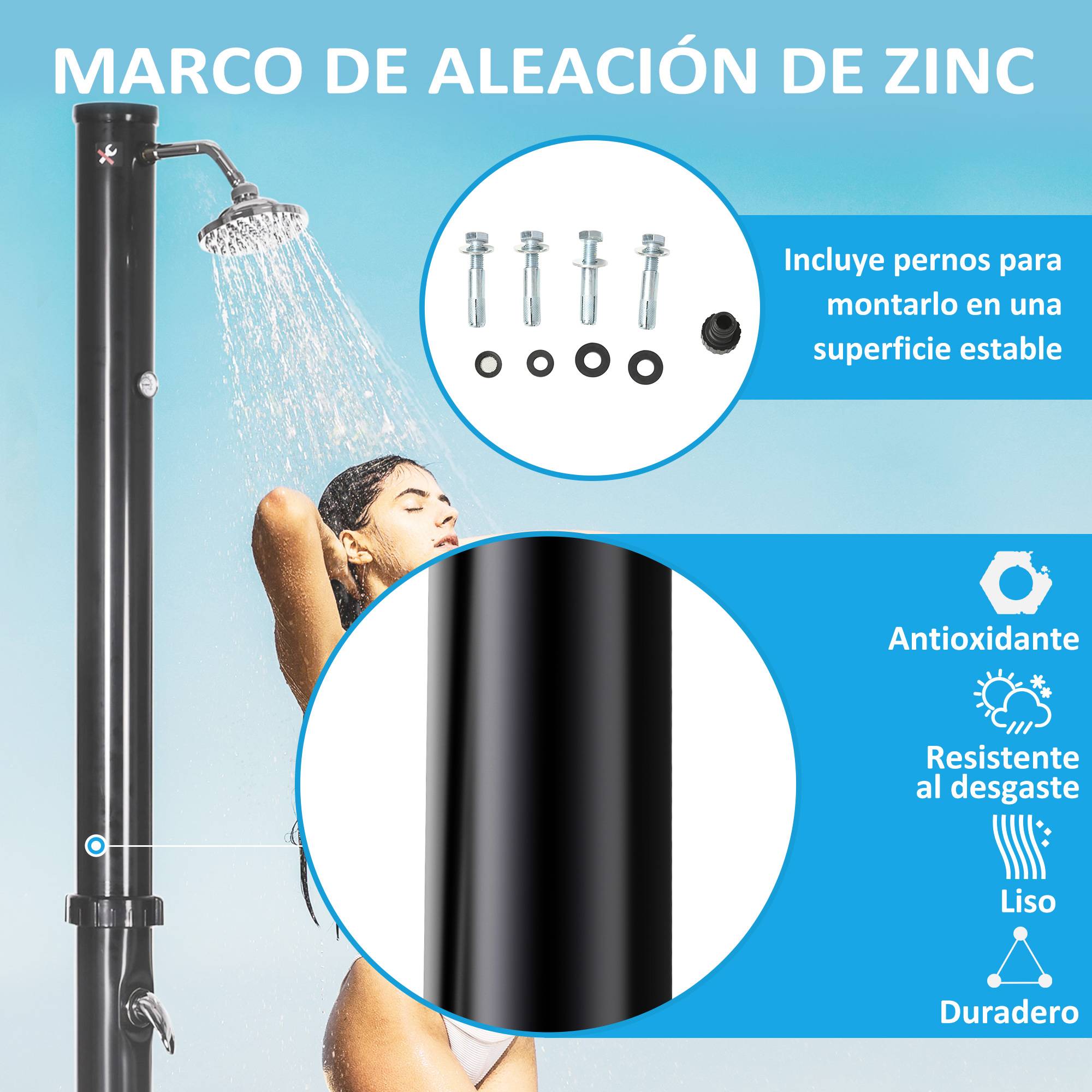 Douche solaire de jardin 20 L avec pommeau rond, robinet d'eau chaude (60 °C max.) pour piscine, 15,5 x 15,5 x 222 cm, noire - Image 9