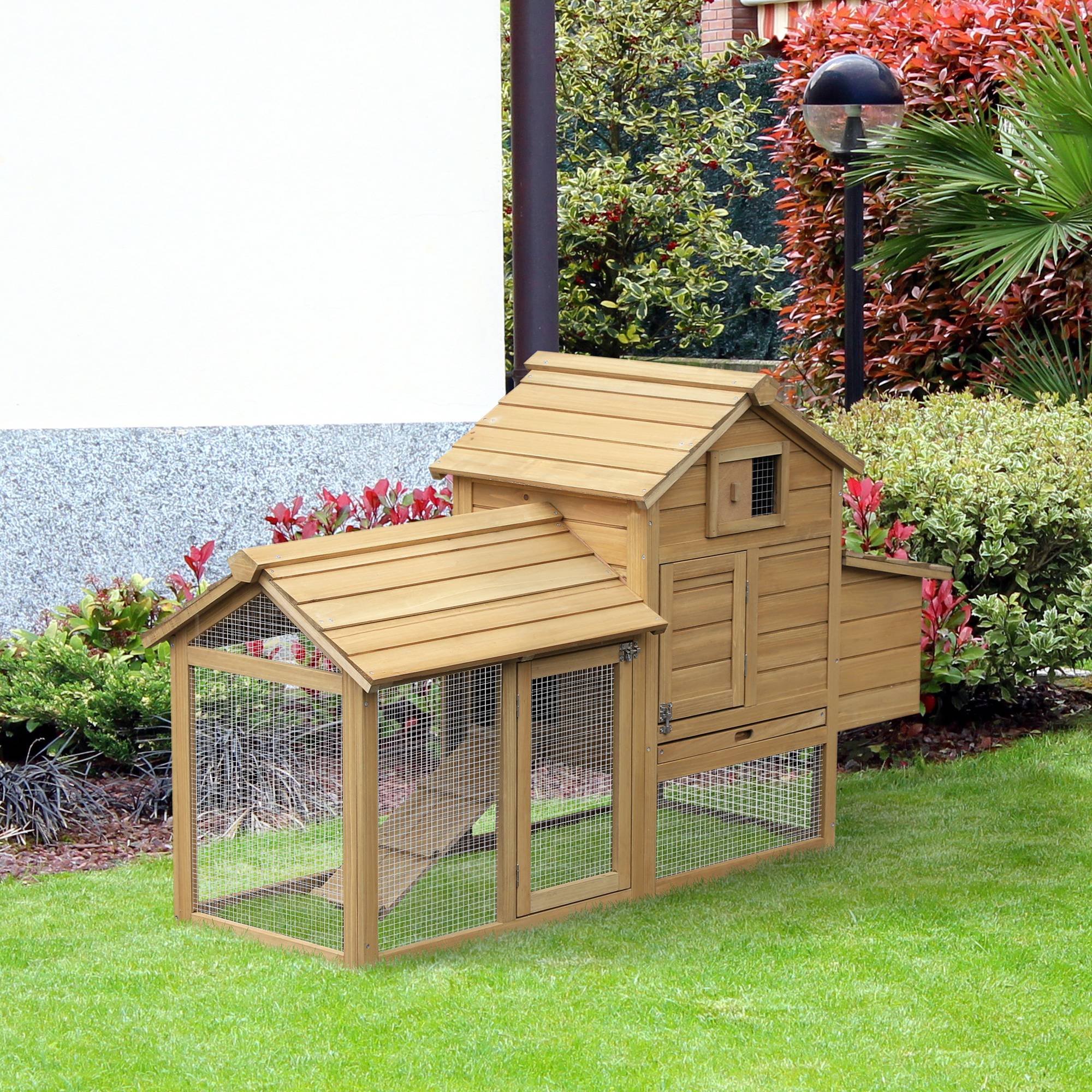 Poulailler bois 151,5x54x87 cm, enclos 2 niveaux, 2 portes, nid, toit étanche, naturel - Image 2