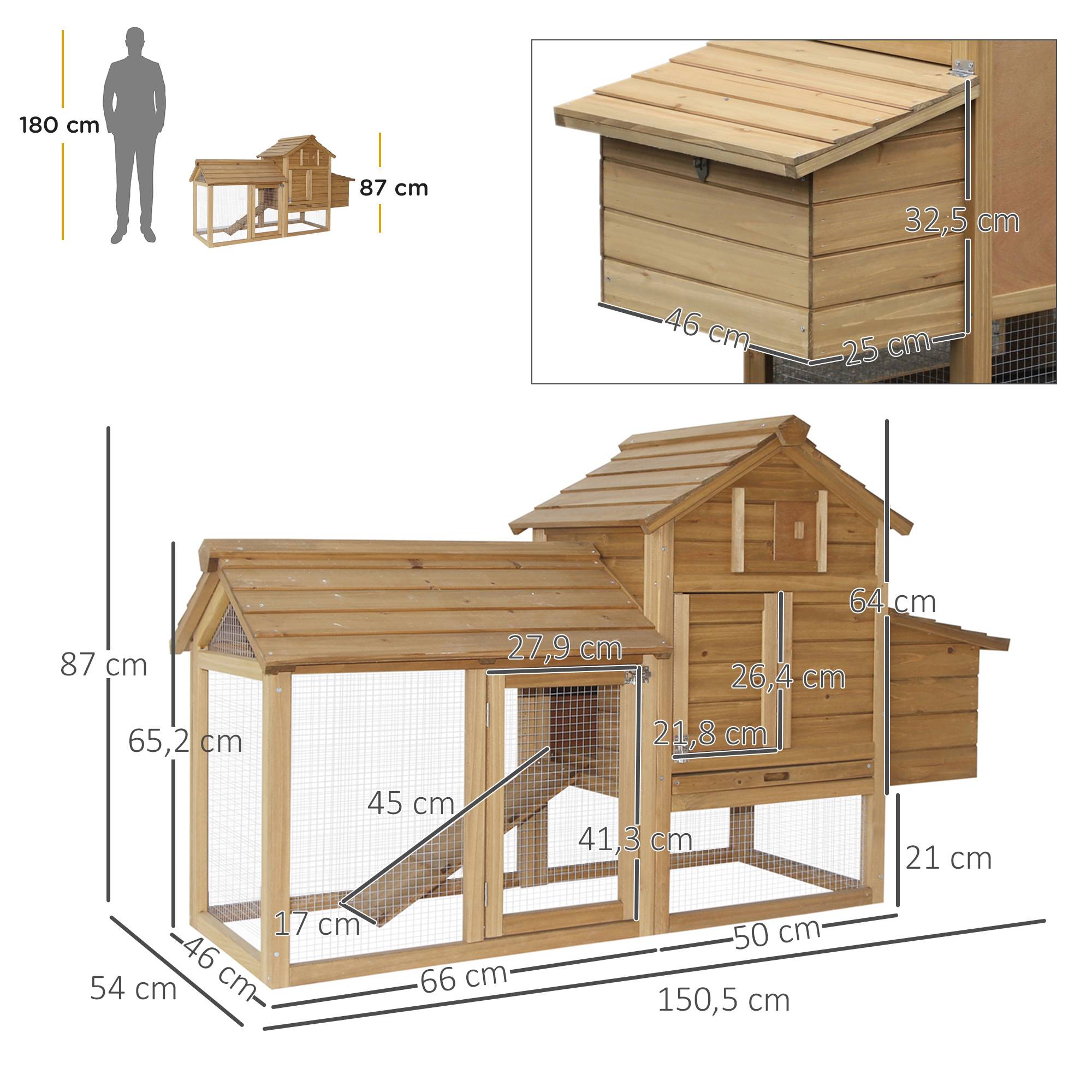 Poulailler bois 151,5x54x87 cm, enclos 2 niveaux, 2 portes, nid, toit étanche, naturel - Image 4