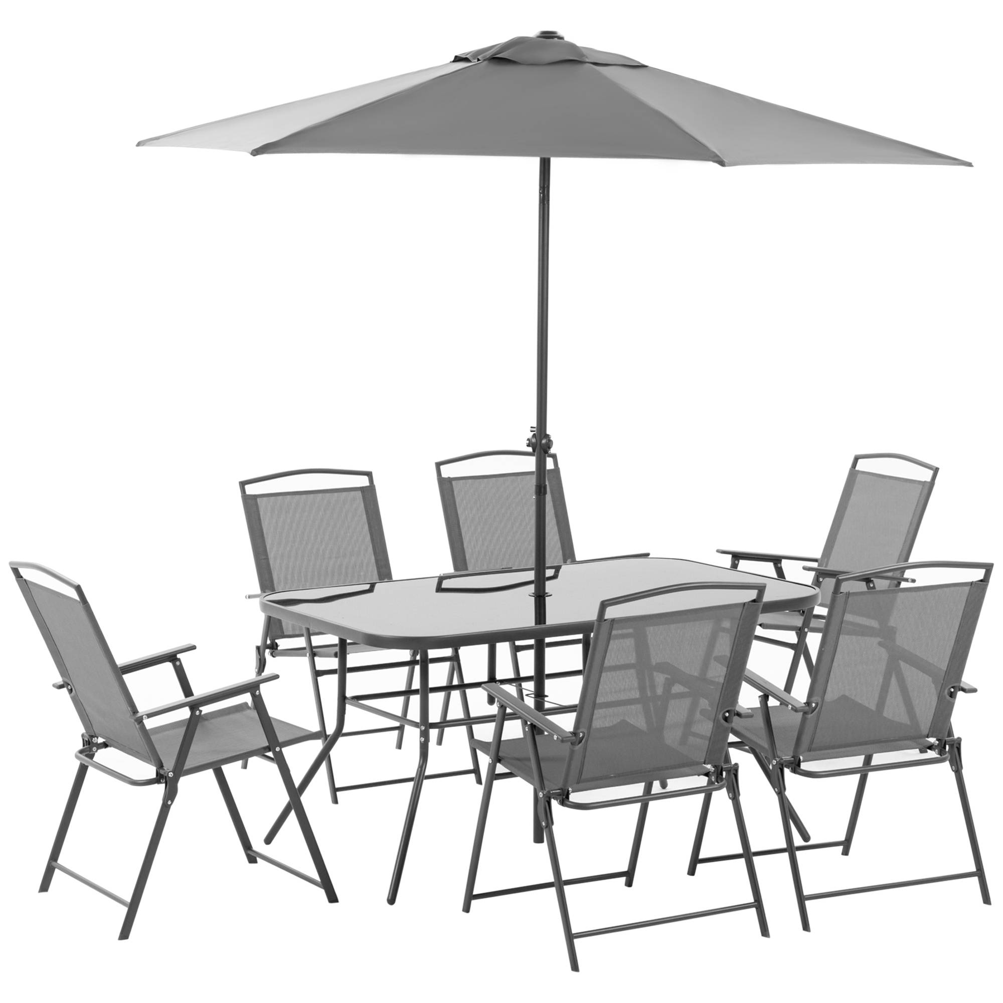 Outsunny - Ensemble salon de jardin 6 places 8 pièces - parasol, table, 6 chaises pliantes - métal époxy textilène polyester gris - Outsunny - Imagen 1