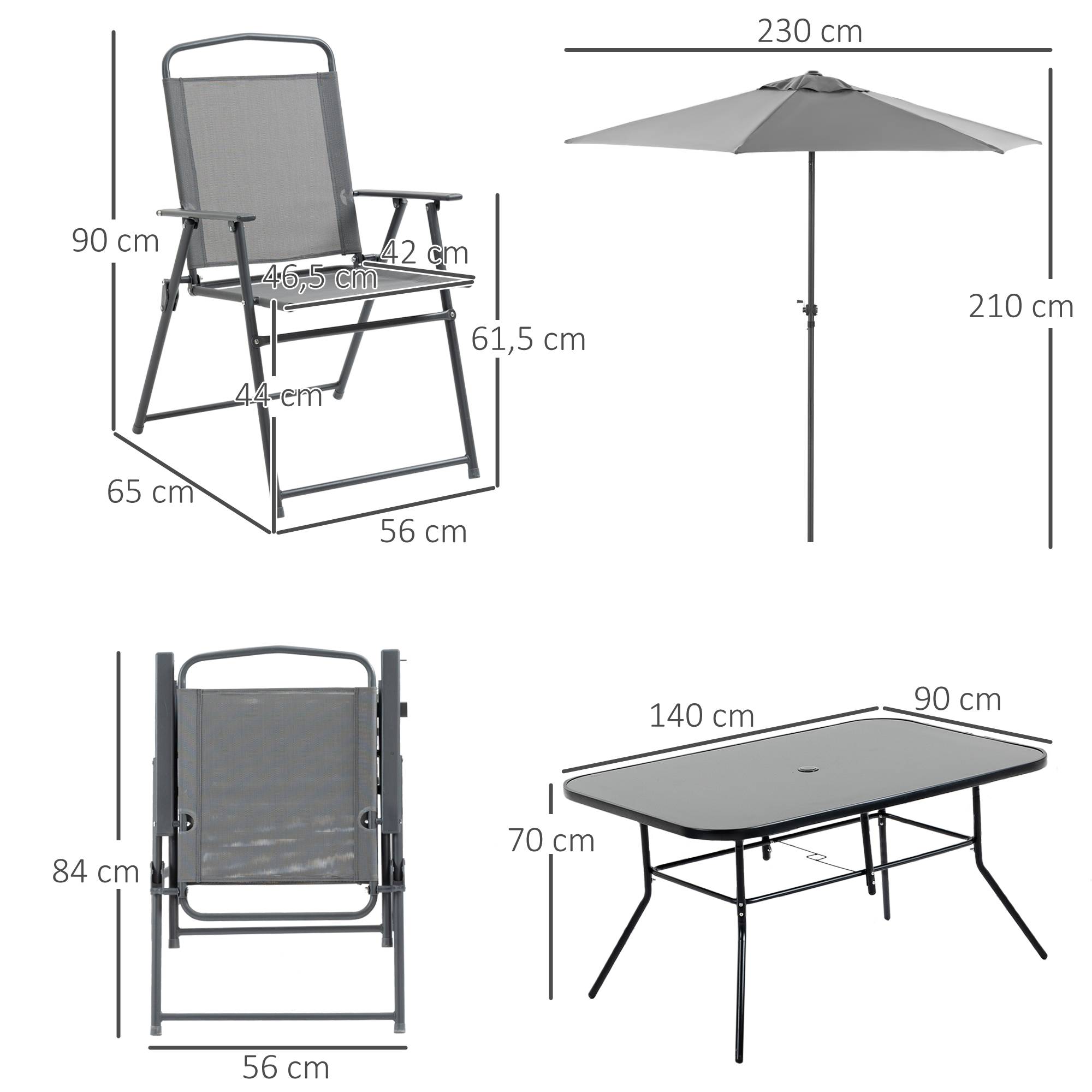 Outsunny - Ensemble salon de jardin 6 places 8 pièces - parasol, table, 6 chaises pliantes - métal époxy textilène polyester gris - Outsunny - Imagen 3