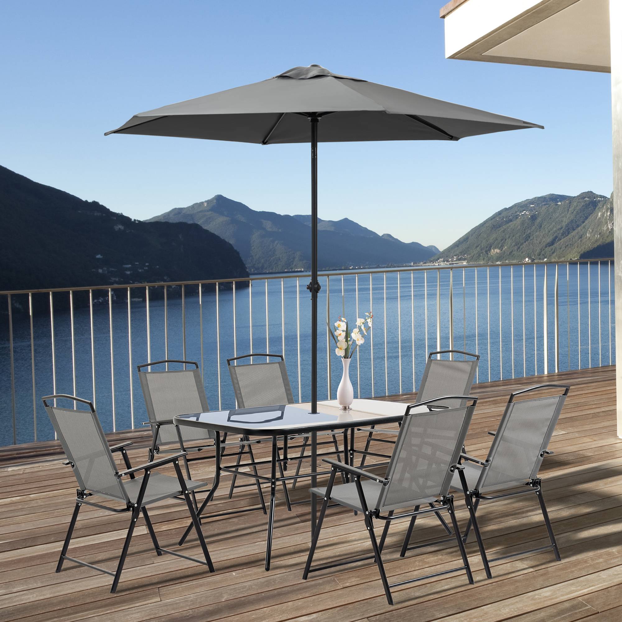 Outsunny - Ensemble salon de jardin 6 places 8 pièces - parasol, table, 6 chaises pliantes - métal époxy textilène polyester gris - Outsunny - Imagen 2