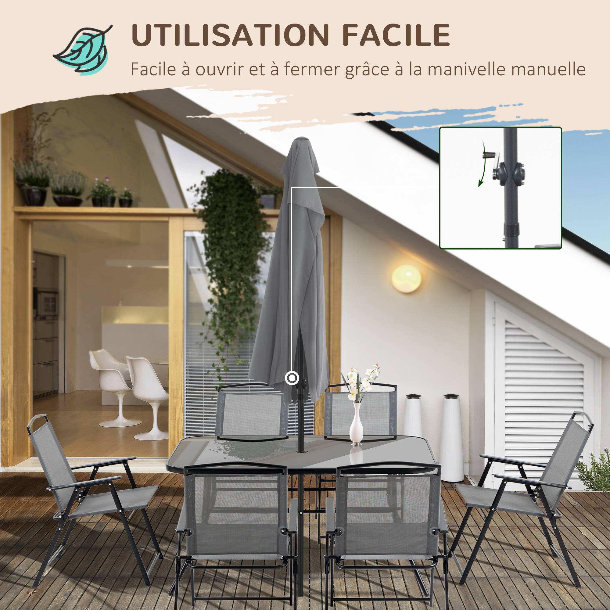 Outsunny - Ensemble salon de jardin 6 places 8 pièces - parasol, table, 6 chaises pliantes - métal époxy textilène polyester gris - Outsunny - Imagen 7