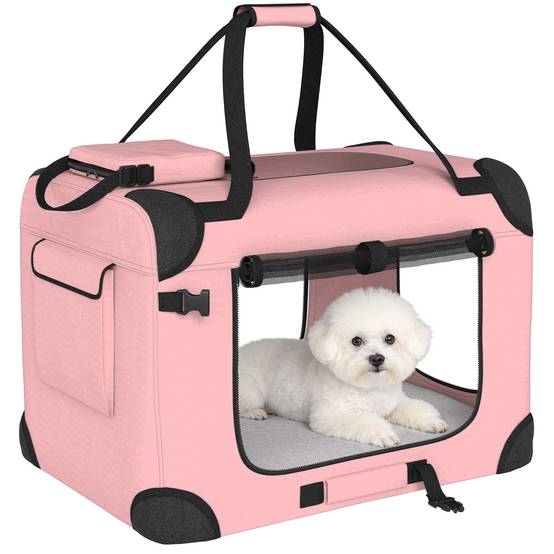 Sac de transport pliable pour chiens et chats (60 x 41,5 x 41 cm) avec fenêtres en filet, coussin moelleux et 2 poignées, rose. - Image 1