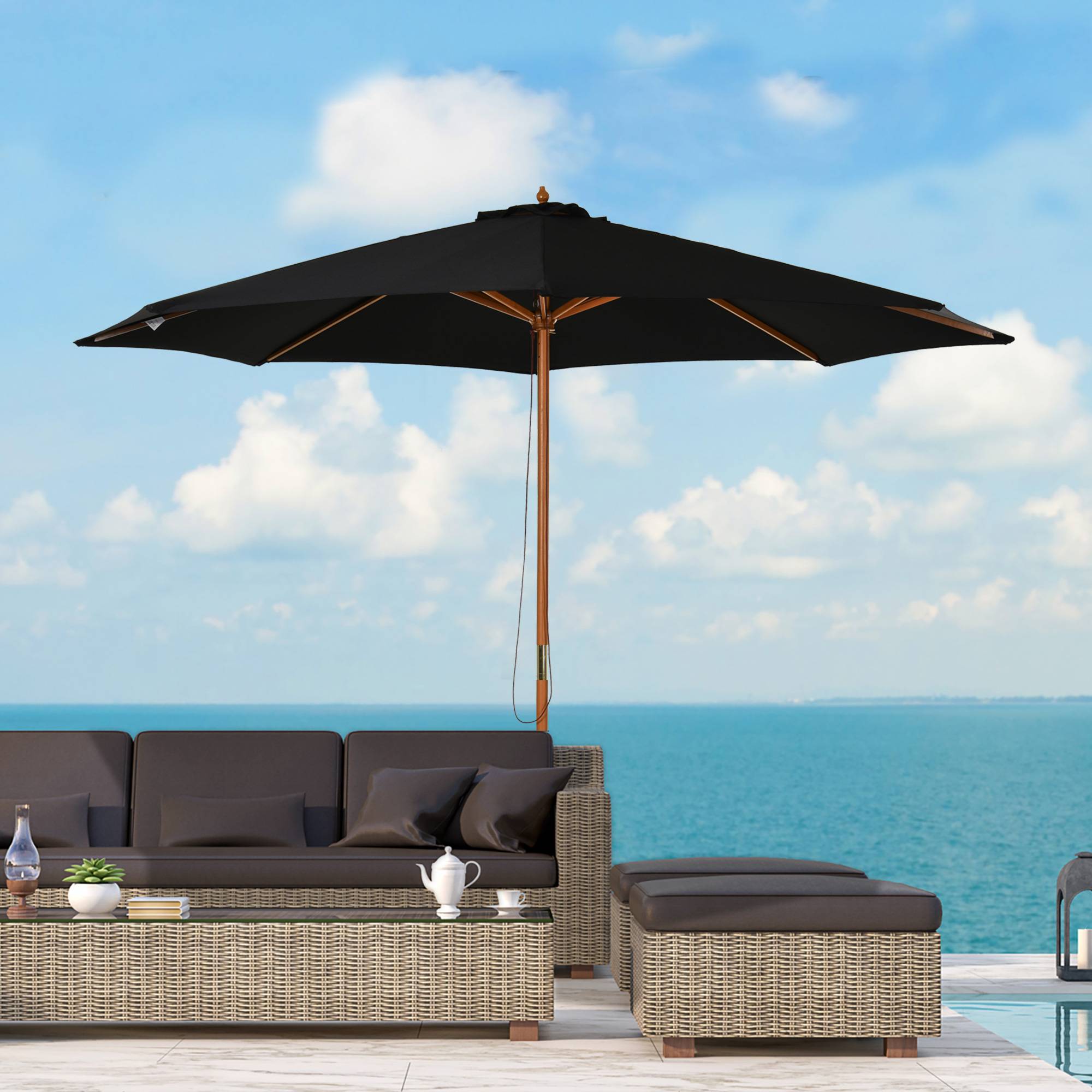 Parasol noir Ø300 cm avec toit ventilé, mât bois amovible et poulie, store design sobre terrasse grand format - Image 4