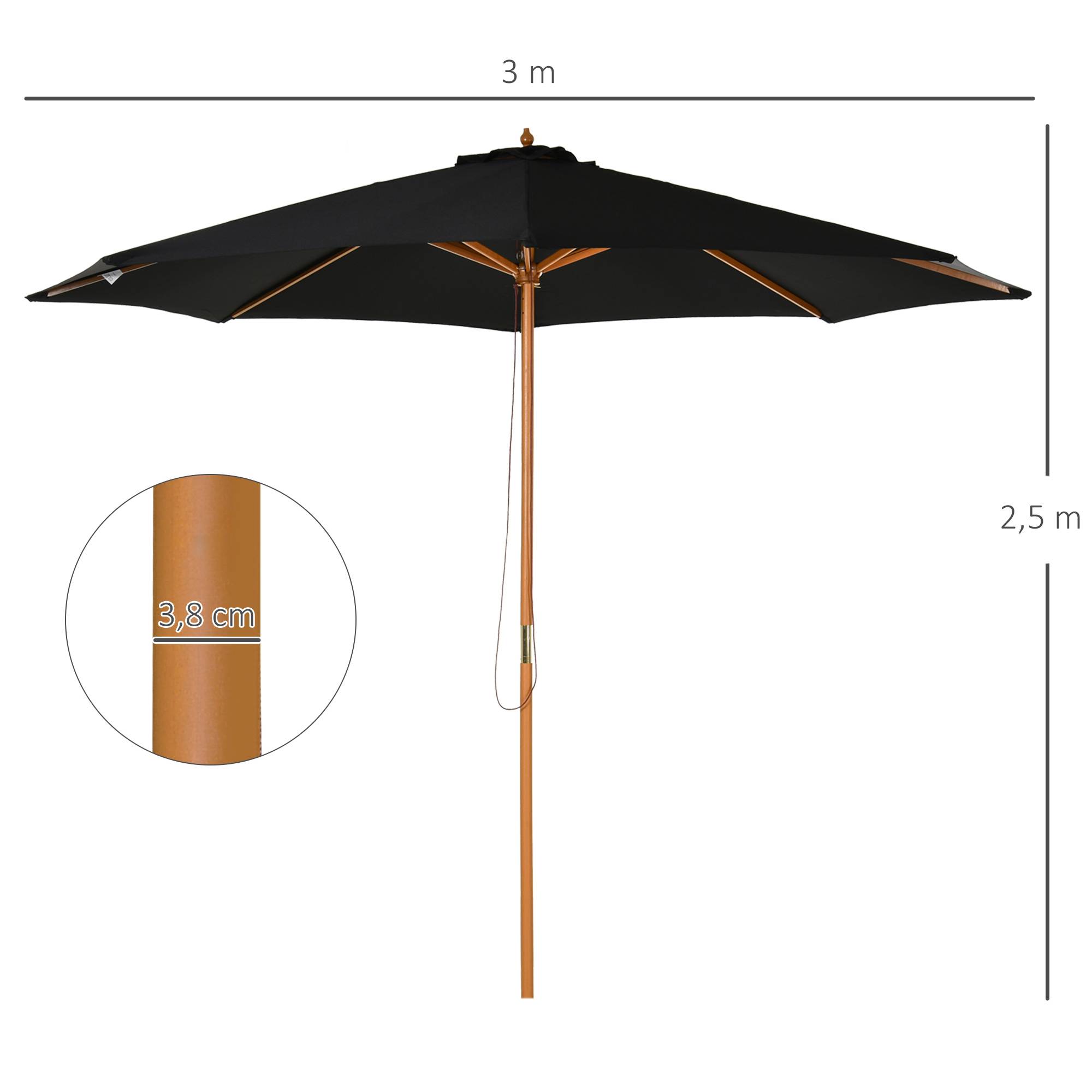Parasol noir Ø300 cm avec toit ventilé, mât bois amovible et poulie, store design sobre terrasse grand format - Image 5