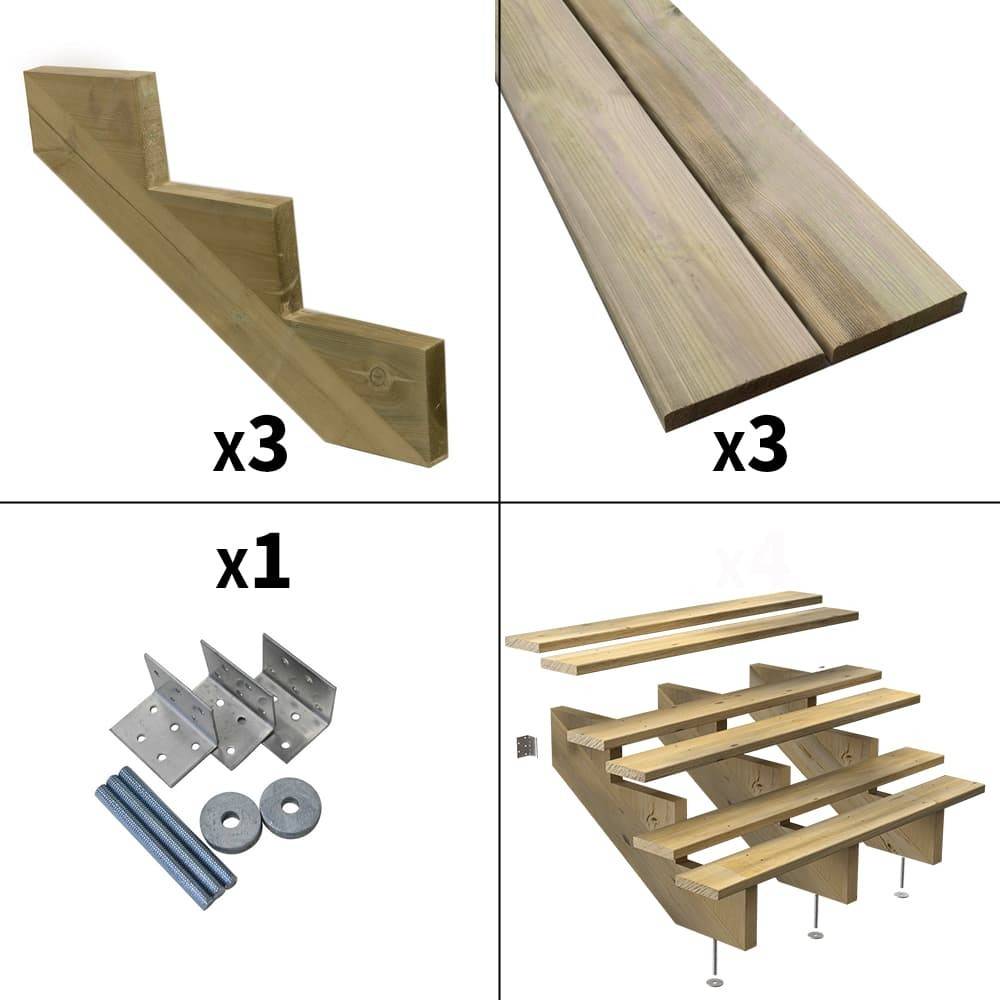 Decklinea - Escalier Bois Exterieur - 3 Marches - Largeur : 1m20 - Hauteur : 51cm - Sans Contremarches - Pin du Nord - Imagen 2