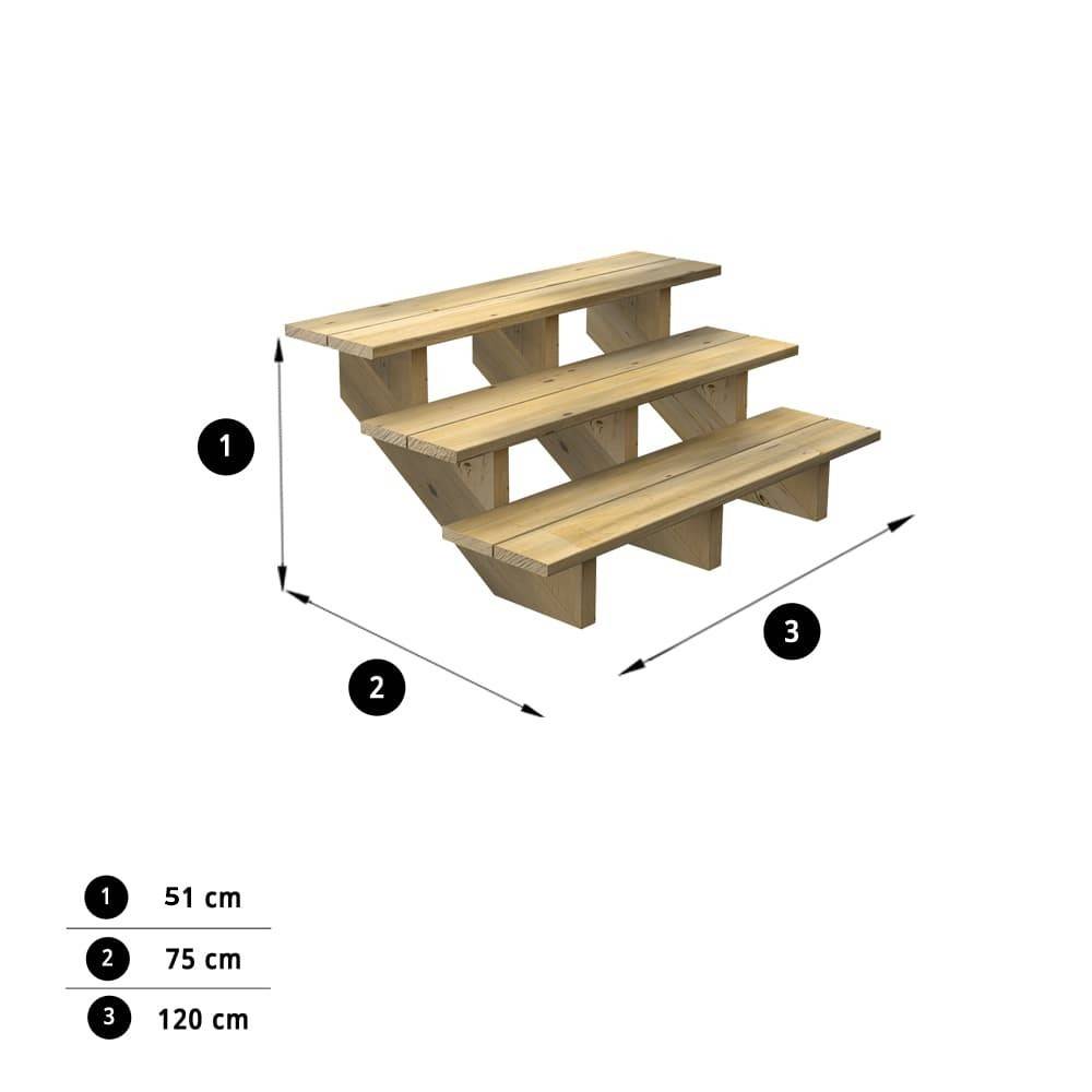Decklinea - Escalier Bois Exterieur - 3 Marches - Largeur : 1m20 - Hauteur : 51cm - Sans Contremarches - Pin du Nord - Imagen 3